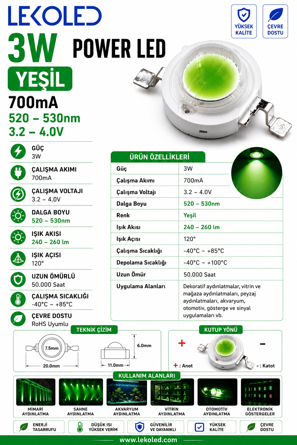 3W POWER LED YEŞİL 700mA