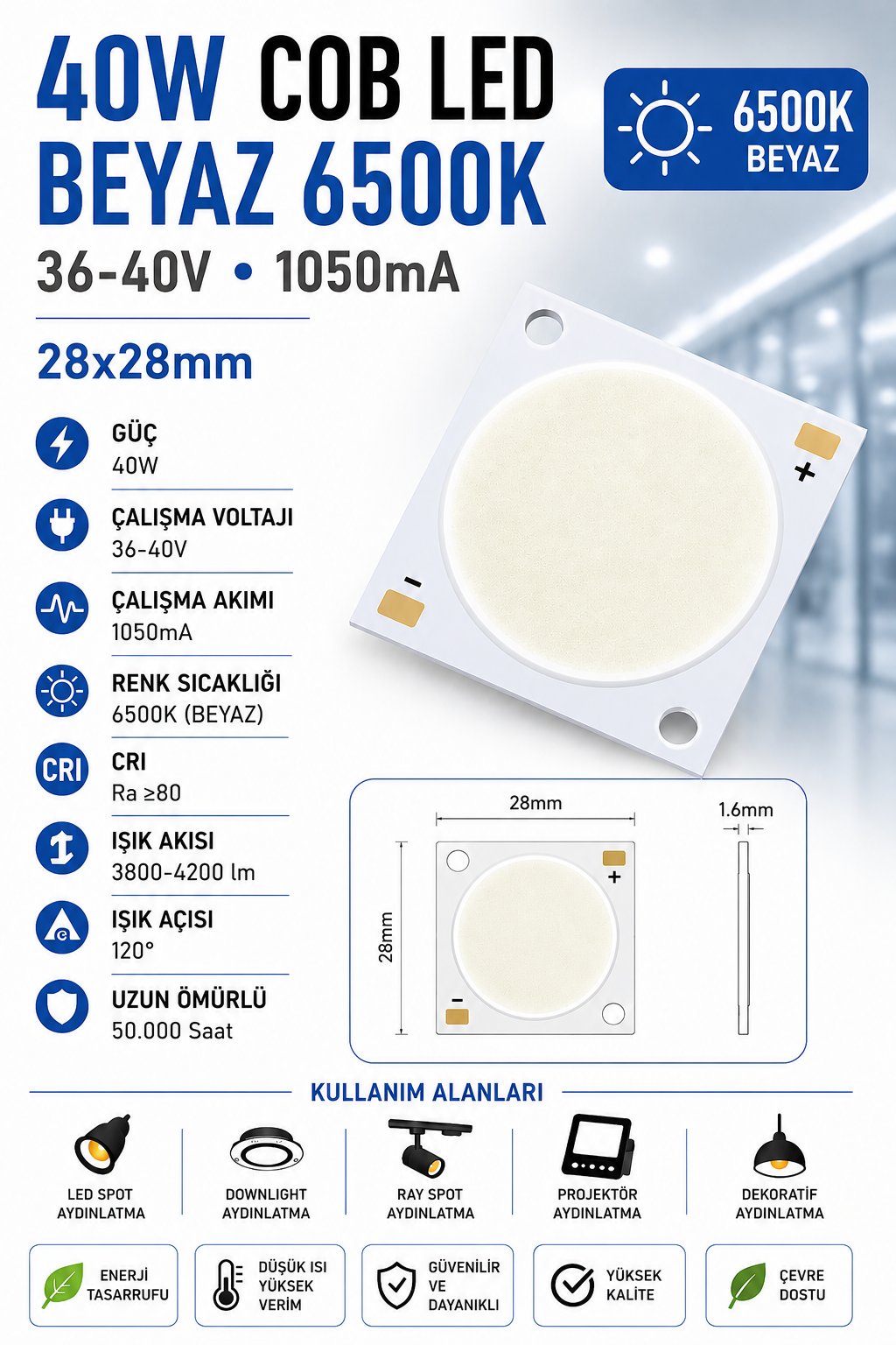 40W 28x28mm BEYAZ 6500K 36-40V 1050mA COB LED 