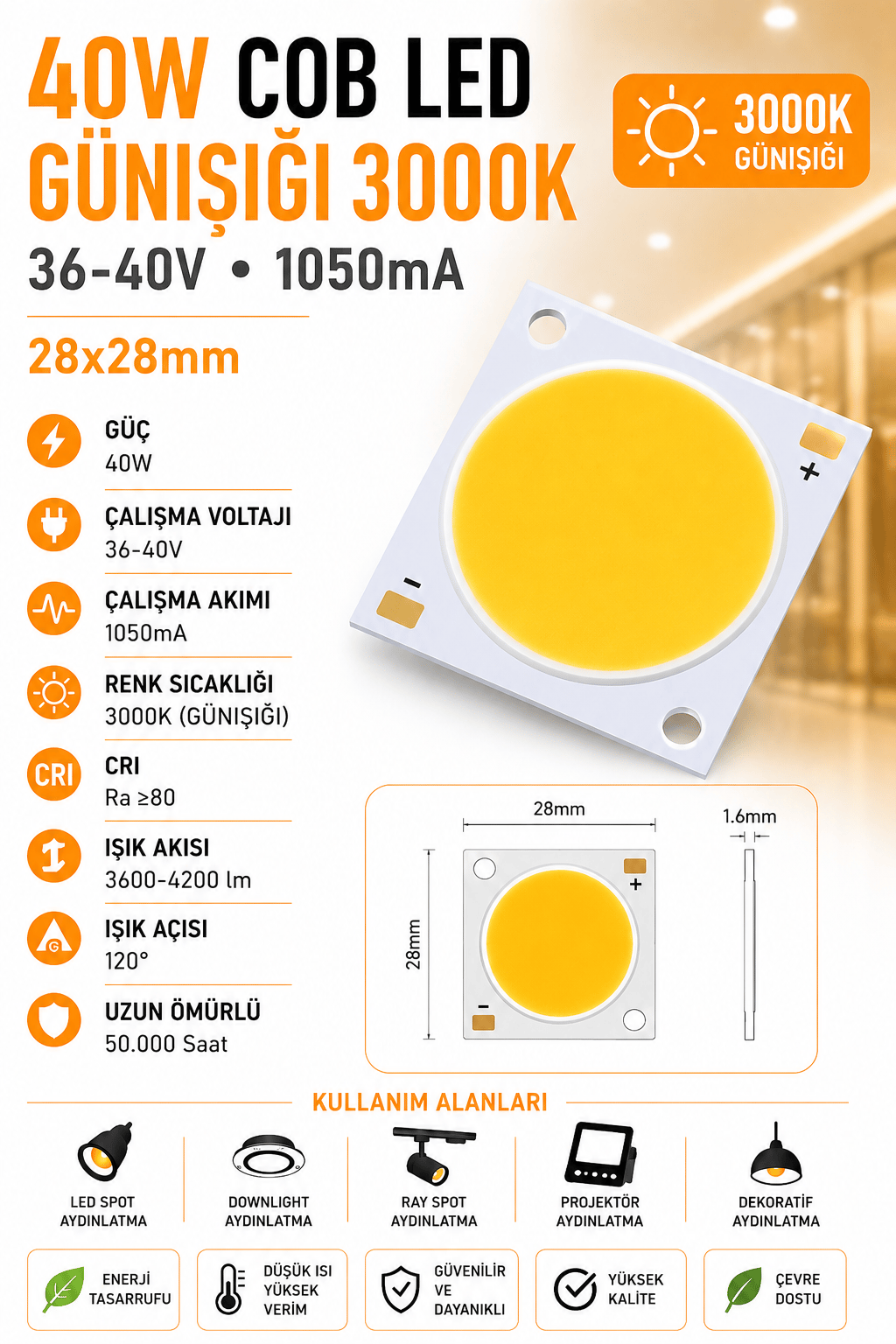 40W 28x28mm GÜNIŞIĞI 3000K 36-40V 1050mA COB LED 