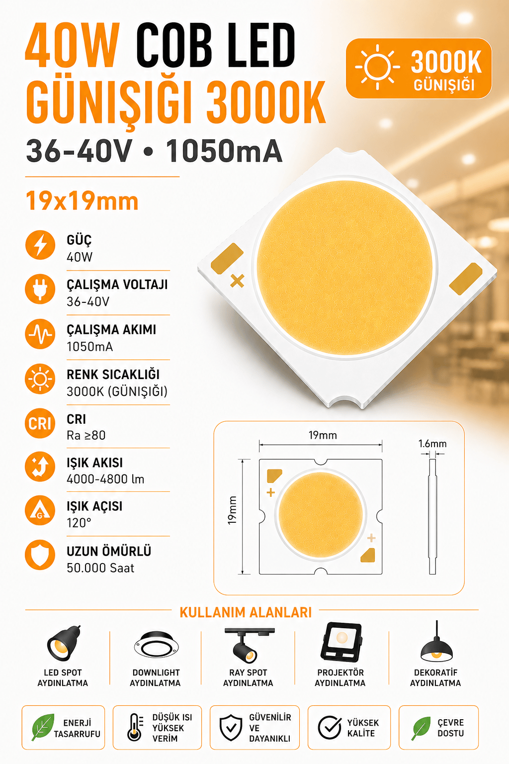 40W COB LED GÜNIŞIĞI 3000K 19x19mm 36-40V 1050mA 