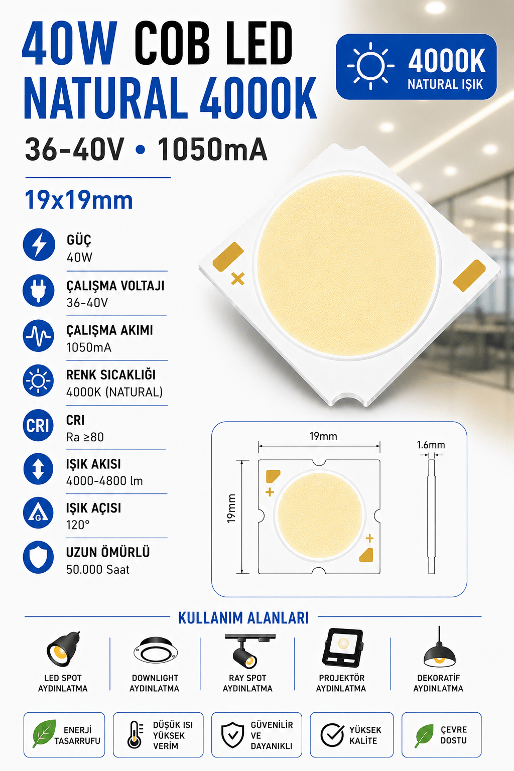 40W COB LED NATURAL 4000K 19x19mm 36-40V 1050mA 