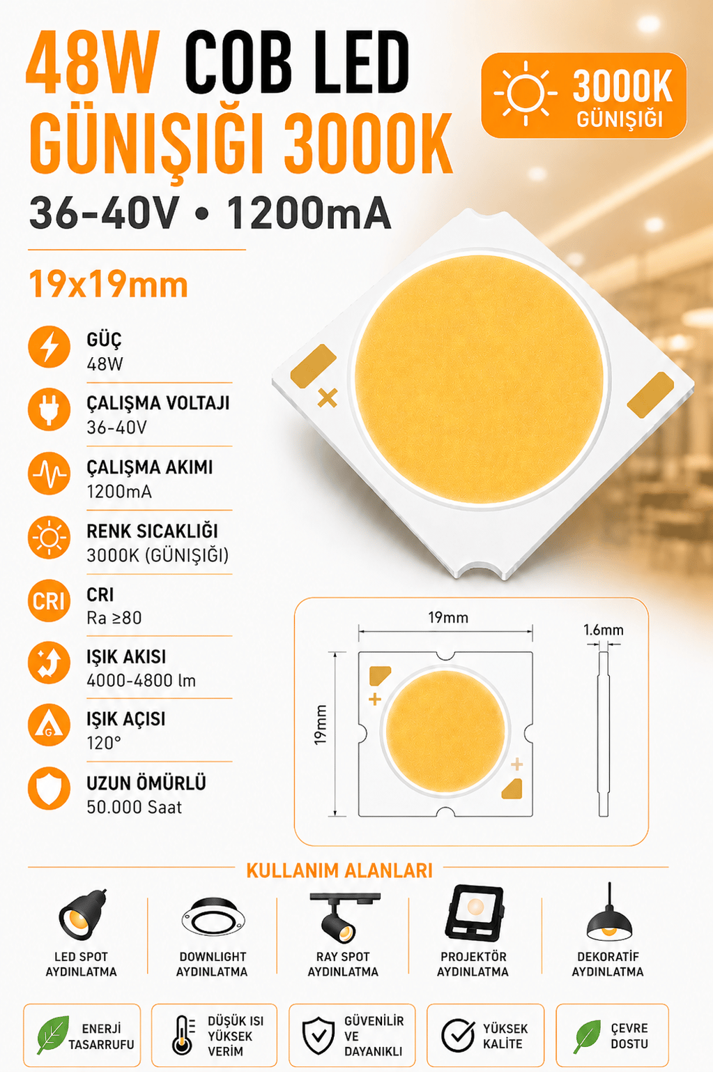 48W COB LED GÜNIŞIĞI 3000K 19x19mm 36-40V 1050mA 