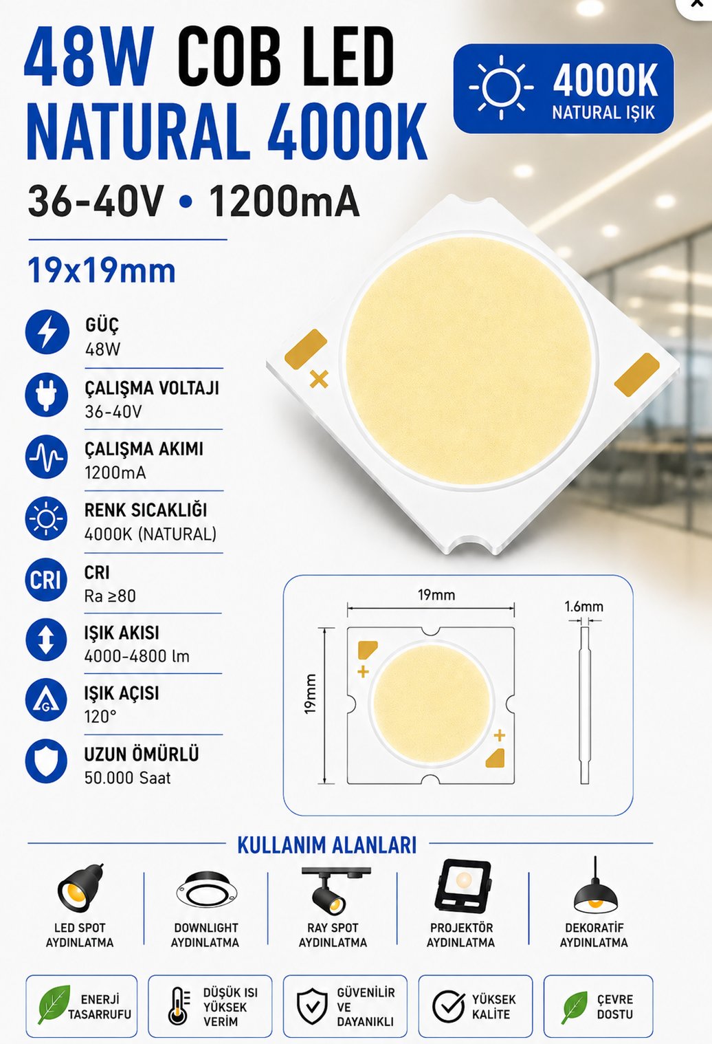 48W COB LED Natural 4000K 19x19mm 36-40V 1200mA