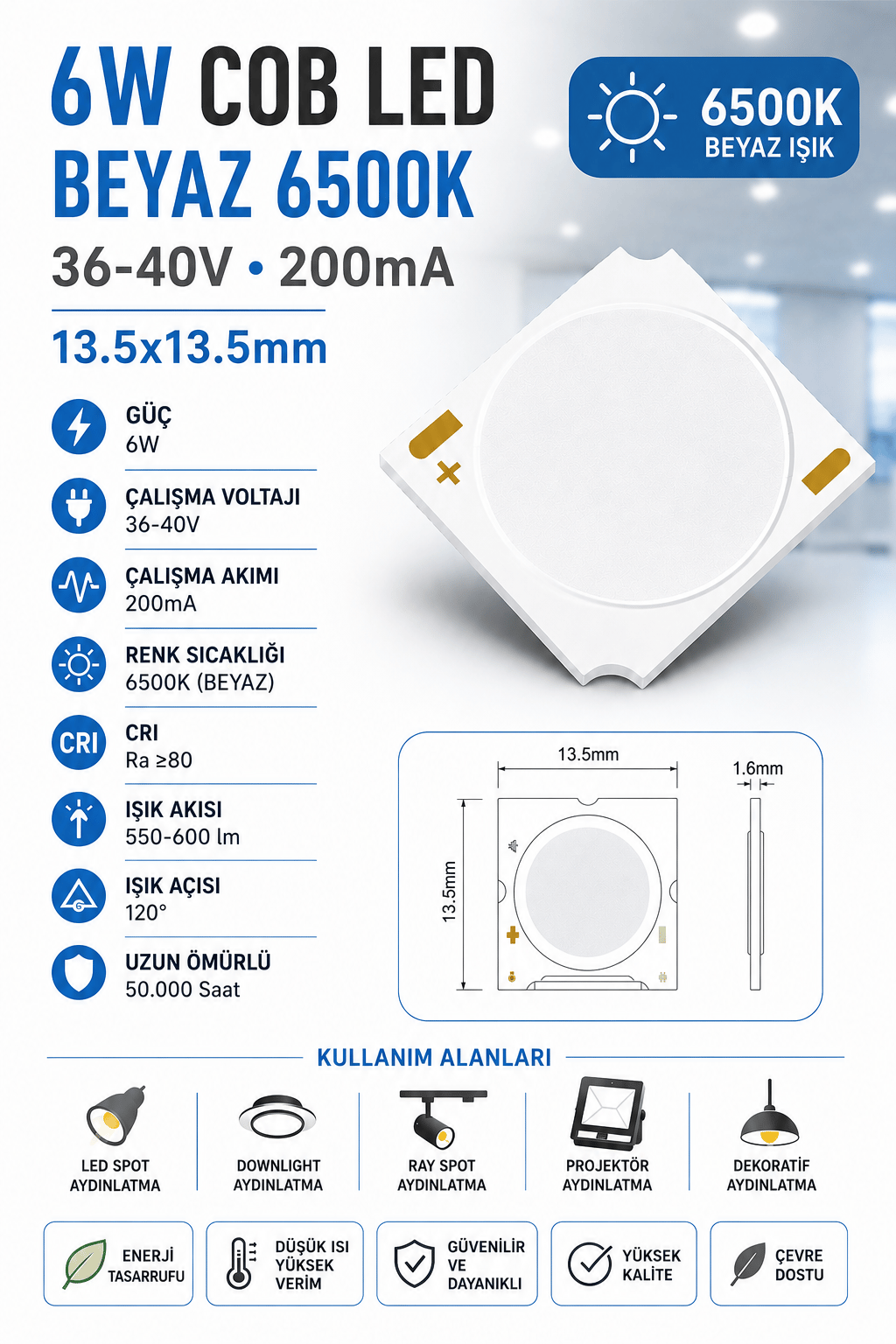 6W COB LED 36-40V 200MA 13.5*13.5mm 