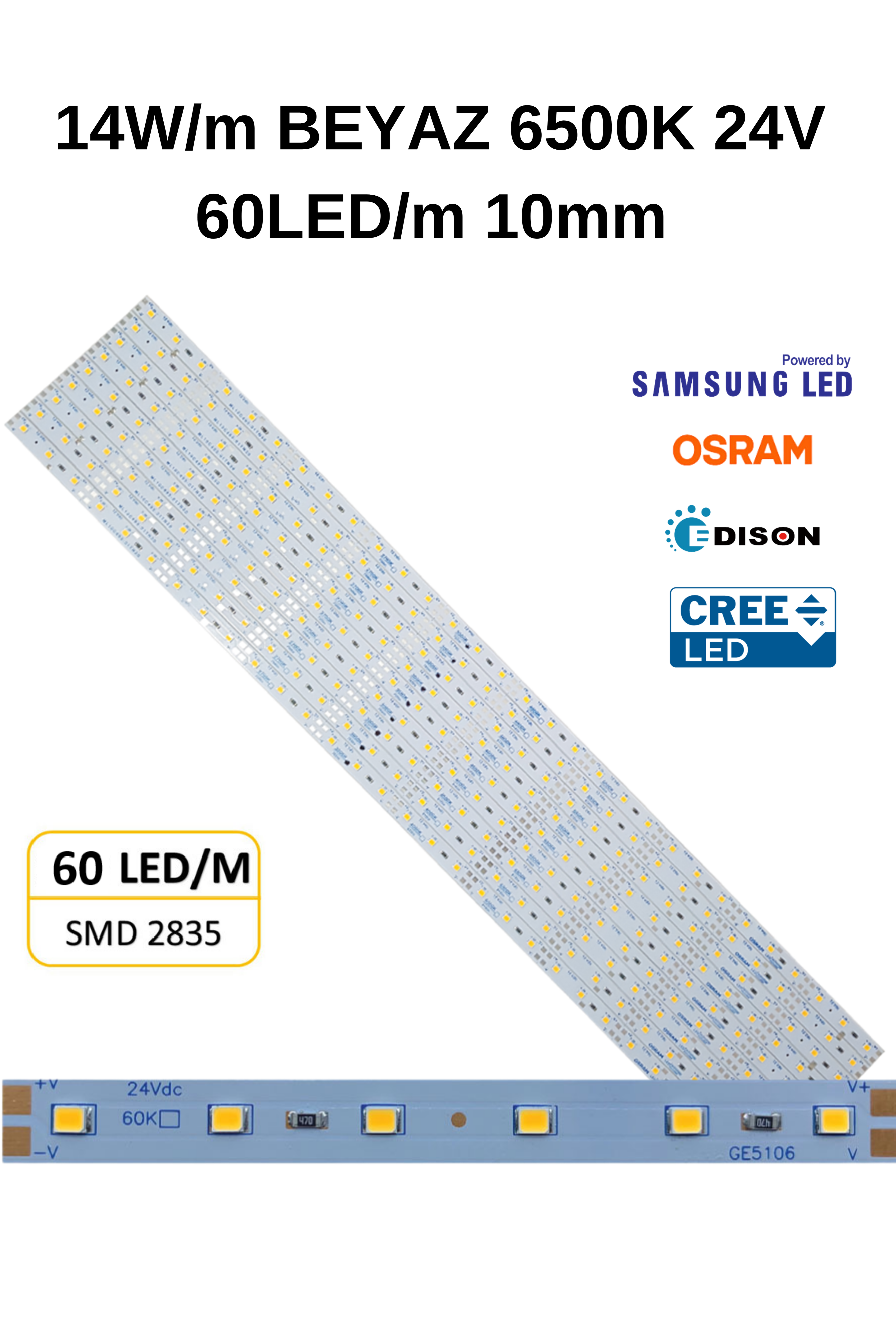 BEYAZ 6500K DİZGİ LED 24V 60LED/M 14W 10MM