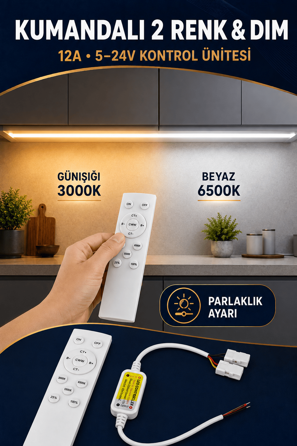 KUMANDALI 2 RENK VE DIM 12A 5-24V KONTROL ÜNİTESİ