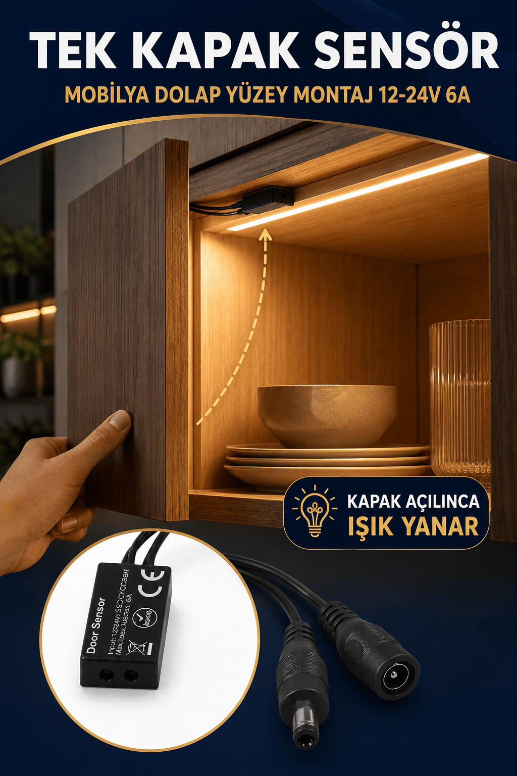 TEK KAPAK SENSOR MOBİLYA DOLAP YÜZEY MONTAJ 12-24V 6A