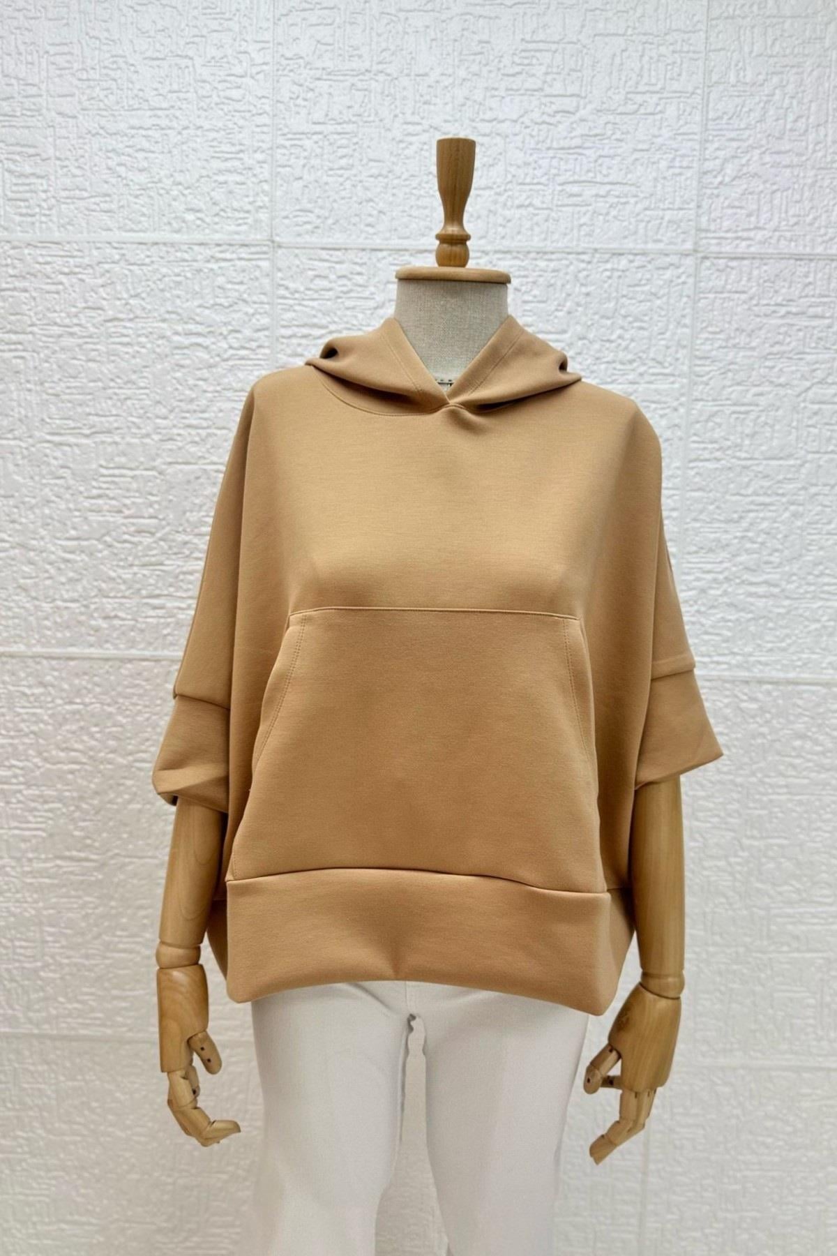 Kanguru Cep Kapüşonlu Oversize Modal Crop Sweat 26320