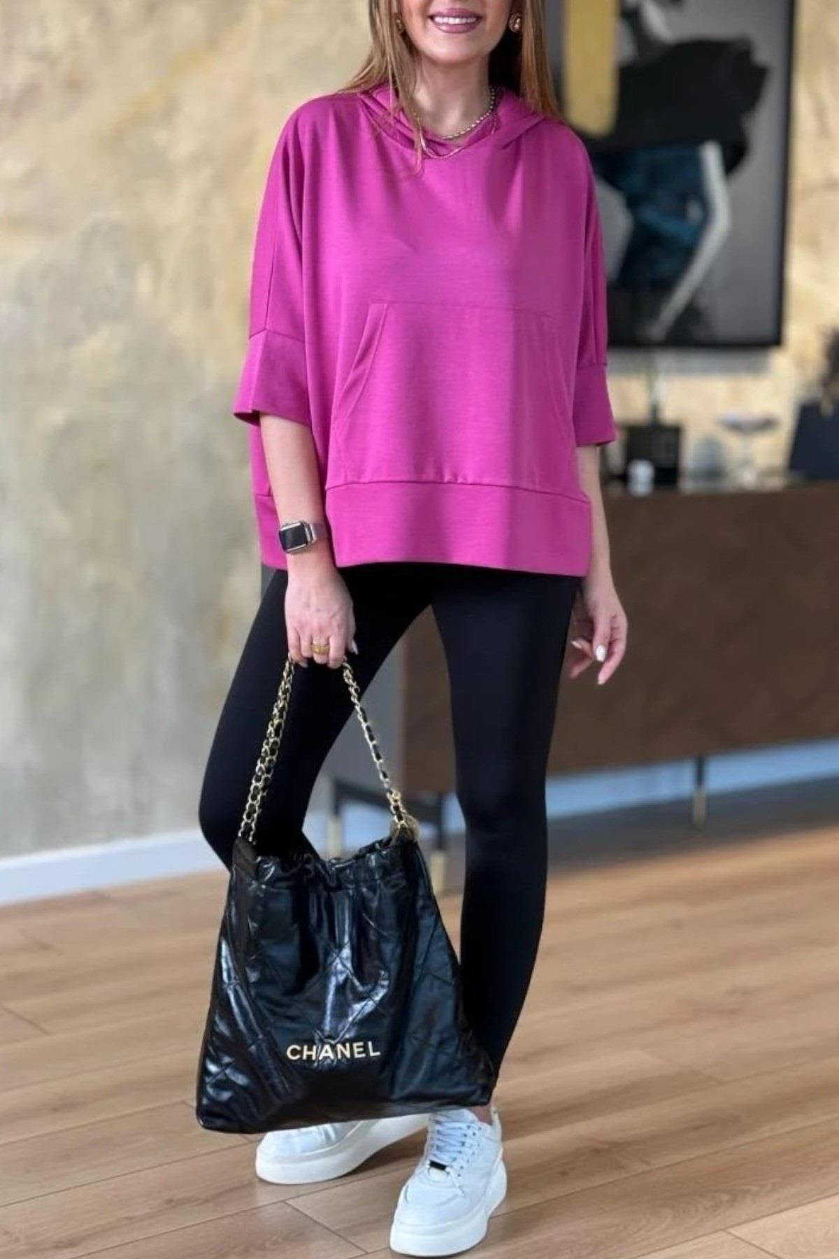 Kanguru Cep Kapüşonlu Oversize Modal Crop Sweat 26320