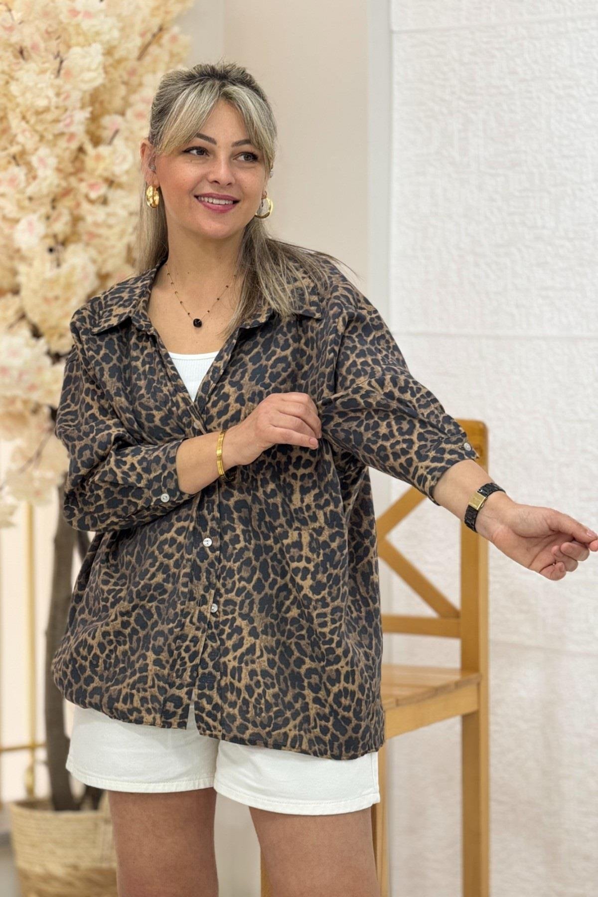 Leopar Desen Premium Seri Modal Kumaş Oversize Gömlek 4954 Leopar