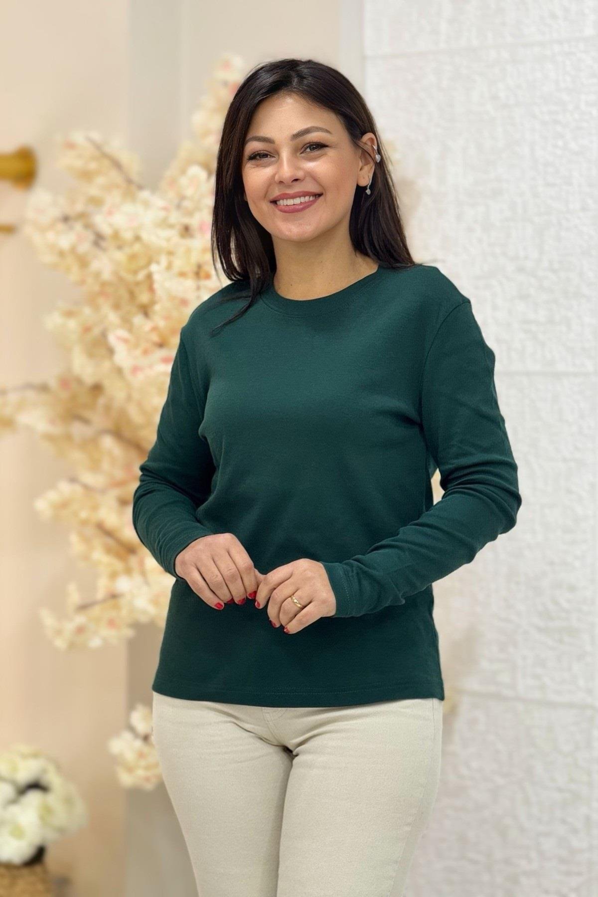 Massi Model Pamuklu Uzunkol Basic T-shirt 100104 Zümrüt Yeşil