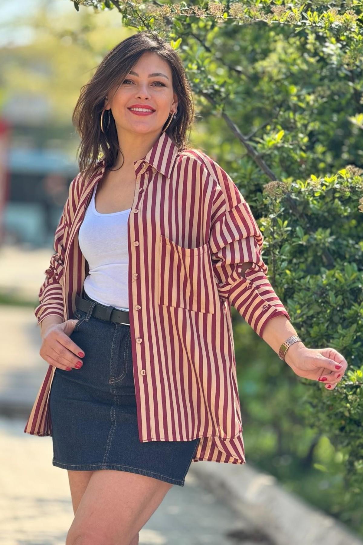 Premium Kalite Çizgili Oversize Gömlek 4969