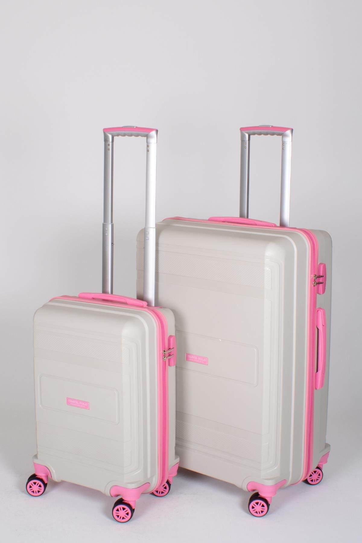 Travel Polo 2'li Valiz Seti (Küçük Büyük) Kırılmaz Krem Fuşya 1017