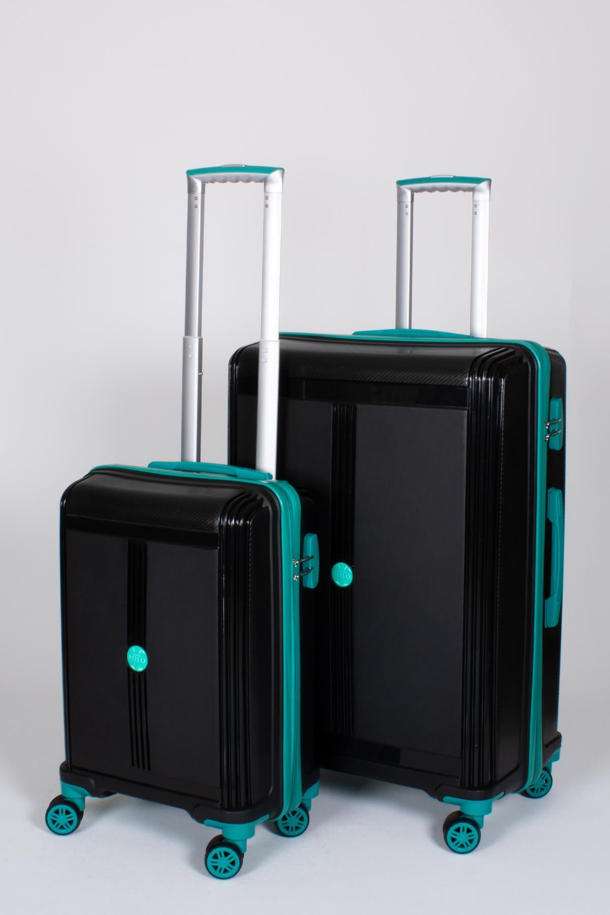 Travel Polo 2'li Valiz Seti (Küçük Büyük) Kırılmaz Siyah Cam Göbeği 1018