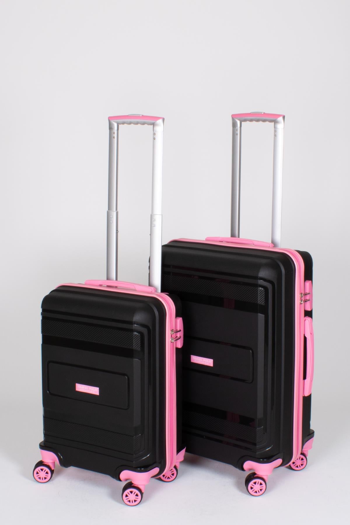 Travel Polo 2'li Valiz Seti (Küçük Orta) Kırılmaz Siyah Fuşya 1017
