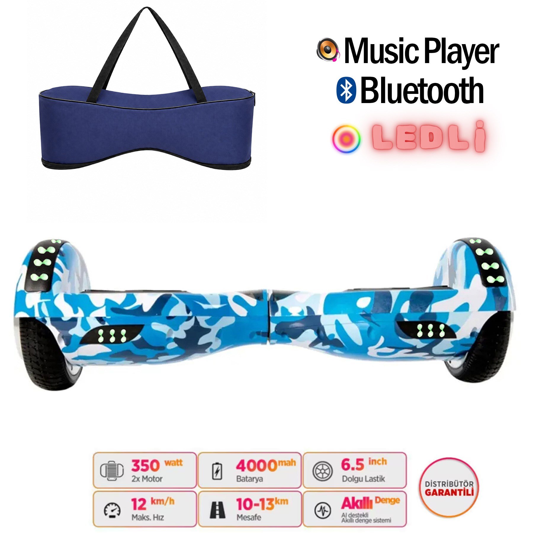 Citymate Elektrikli Kaykay Full Ledli Hoverboard Bluetooth Hoparlörlü 6.5 Inch Çanta Hediye D03