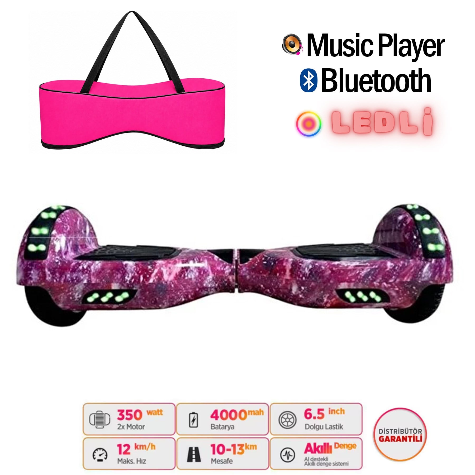 Citymate Elektrikli Kaykay Full Ledli Hoverboard Bluetooth Hoparlörlü 6.5 Inch Çanta Hediyeli D13