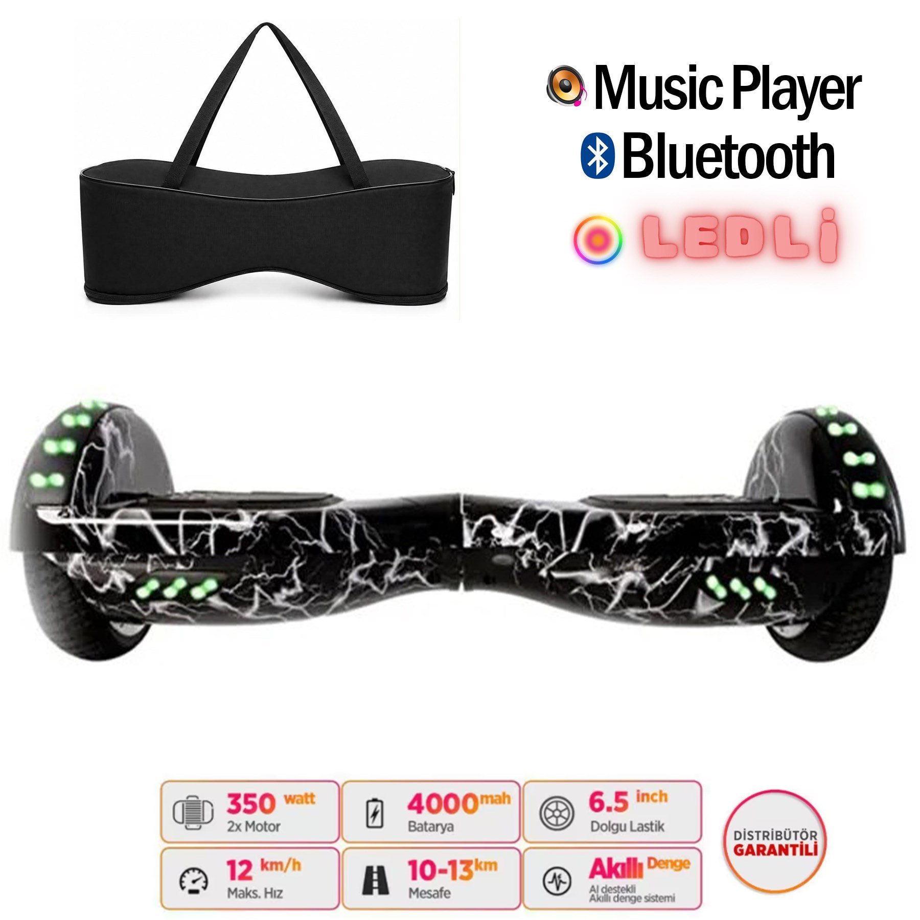 Citymate Elektrikli Kaykay Full Ledli Hoverboard Bluetooth Hoparlörlü 6.5 Inch Çanta Hediyeli D02