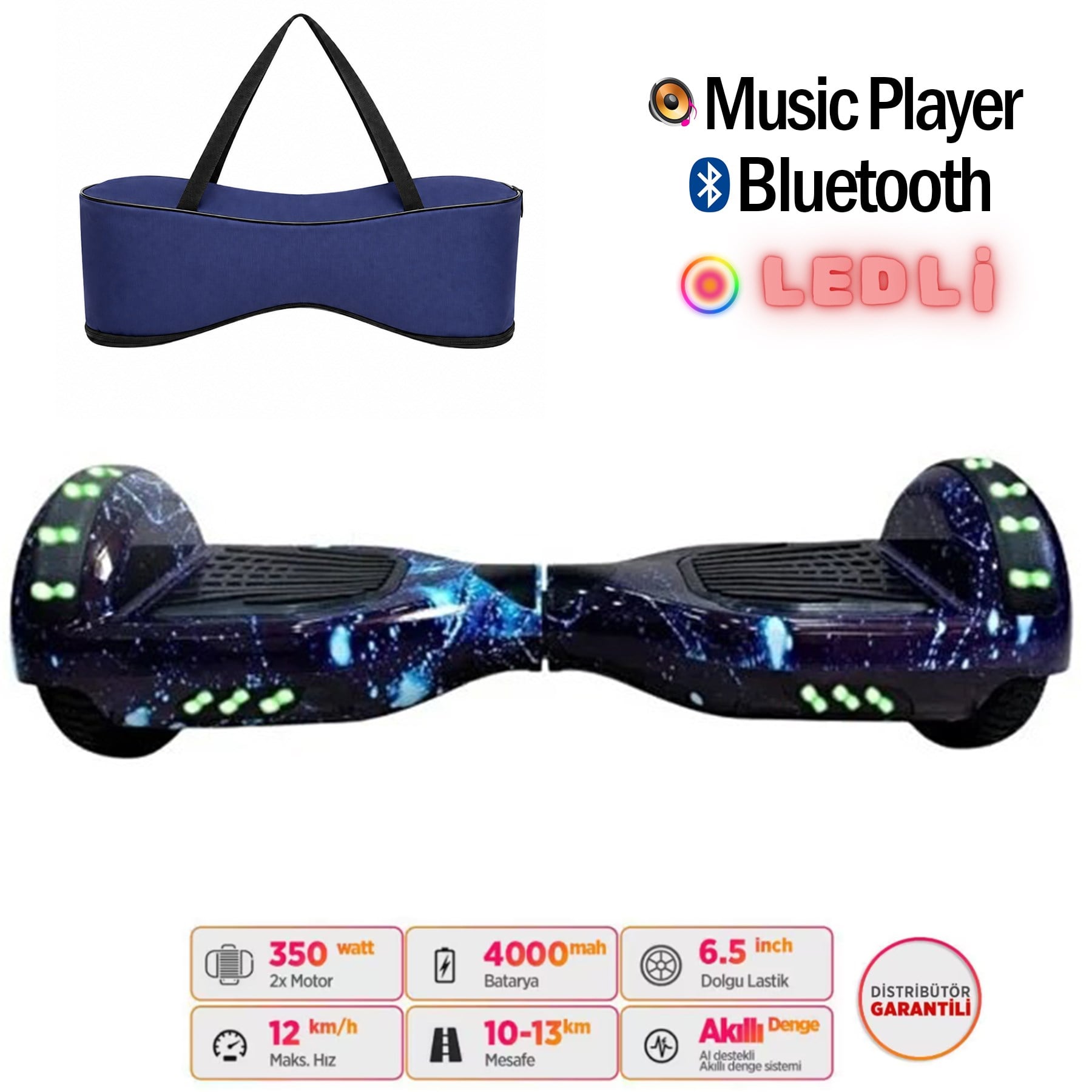 Citymate Elektrikli Kaykay Full Ledli Hoverboard Bluetooth Hoparlörlü 6.5 Inch Çanta Hediyeli D12