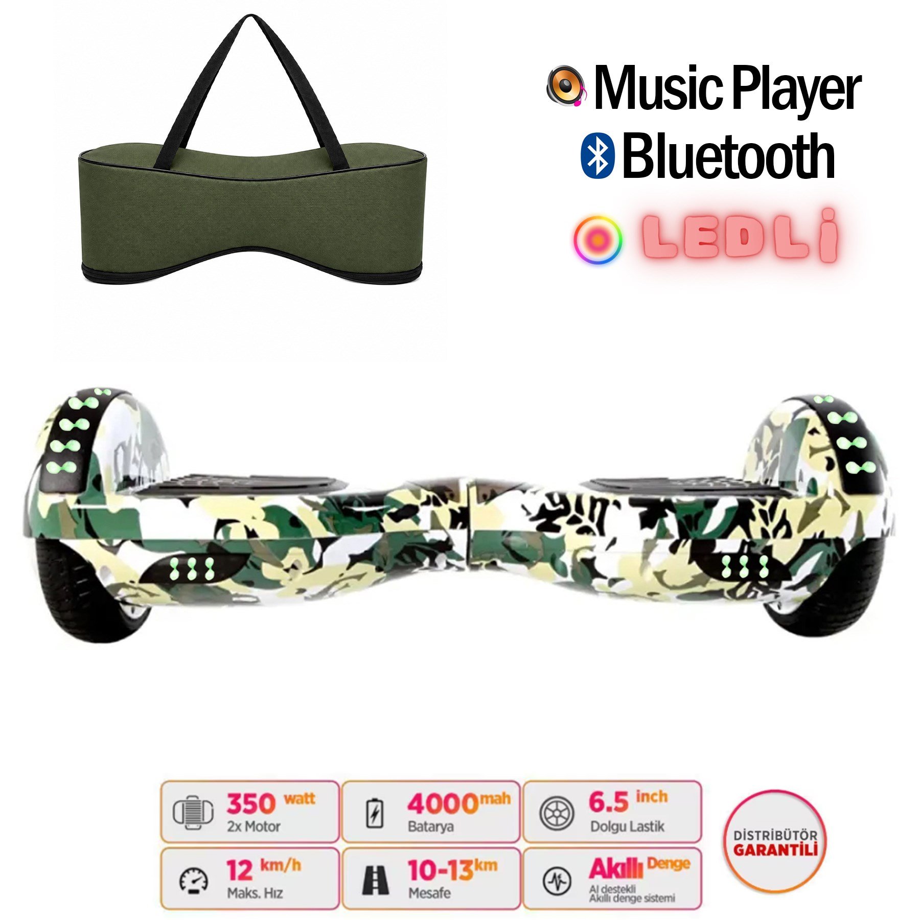 Citymate Hoverboard Elektrikli Kaykay Full Ledli  Bluetooth Hoparlörlü 6.5 Inch Çanta Hediyeli Yeşil Kamuflaj D07