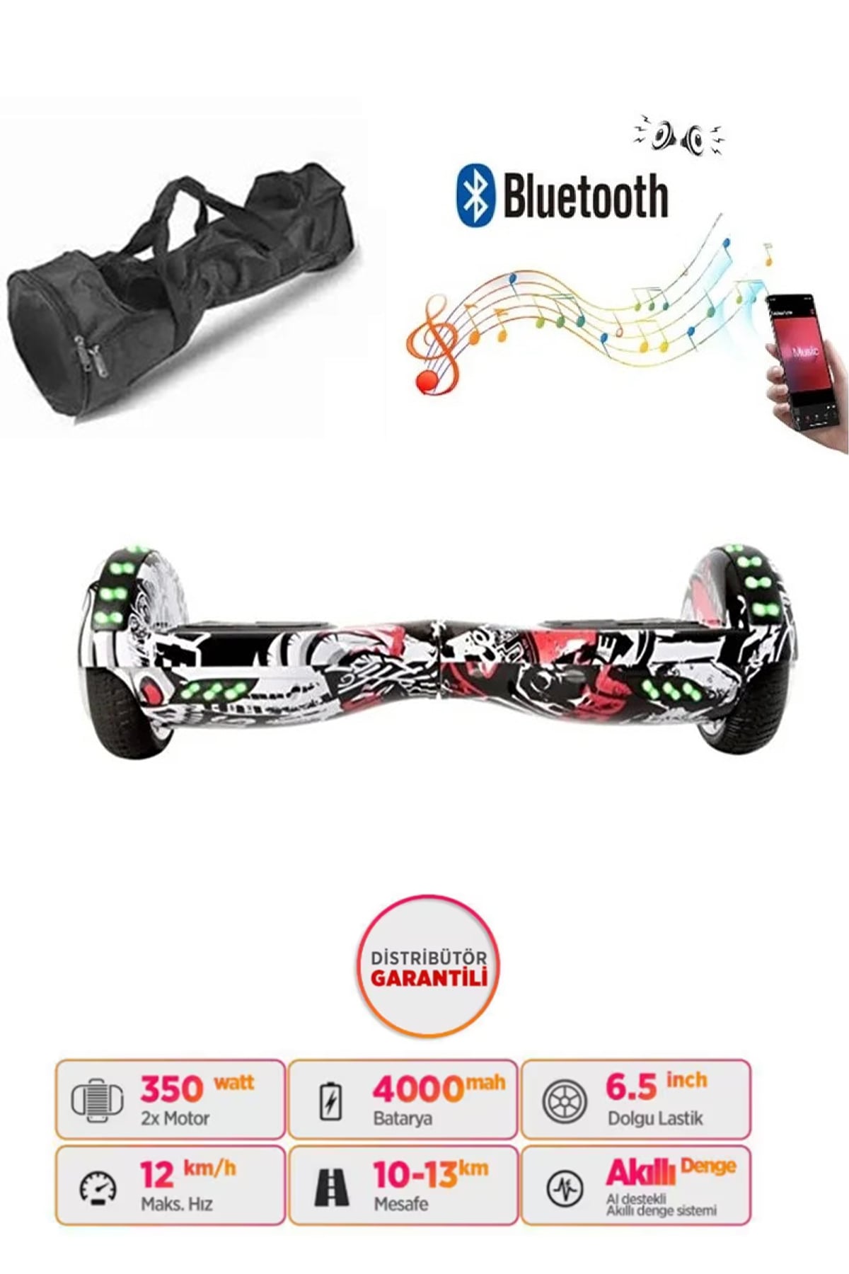 Elektrikli Kaykay Full Ledli Hoverboard Bluetooth Hoparlörlü 6.5 Inch Çanta Hediyeli D06