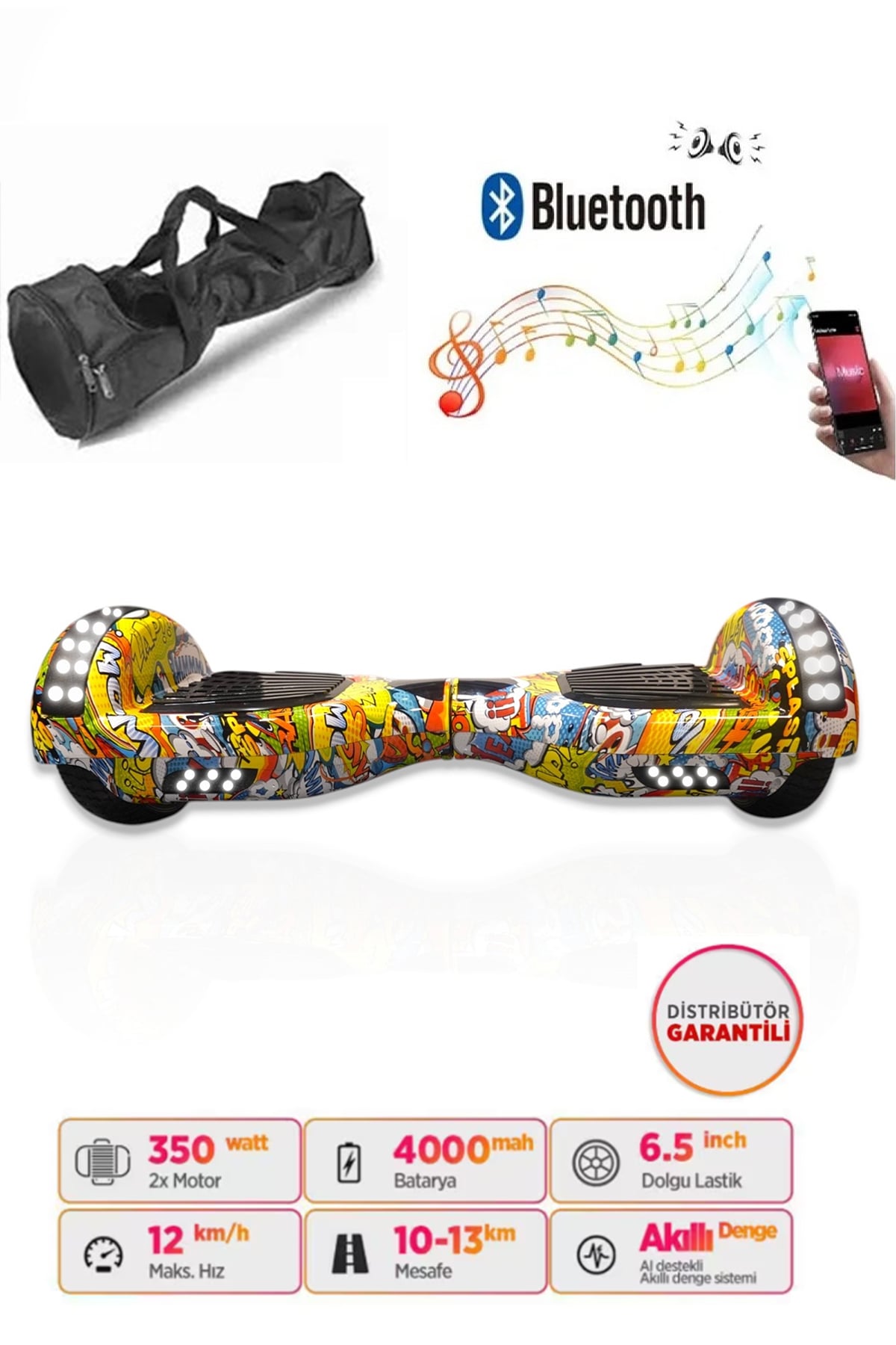 Elektrikli Kaykay Full Ledli Hoverboard Bluetooth Hoparlörlü 6.5 Inch Çanta Hediyeli D25