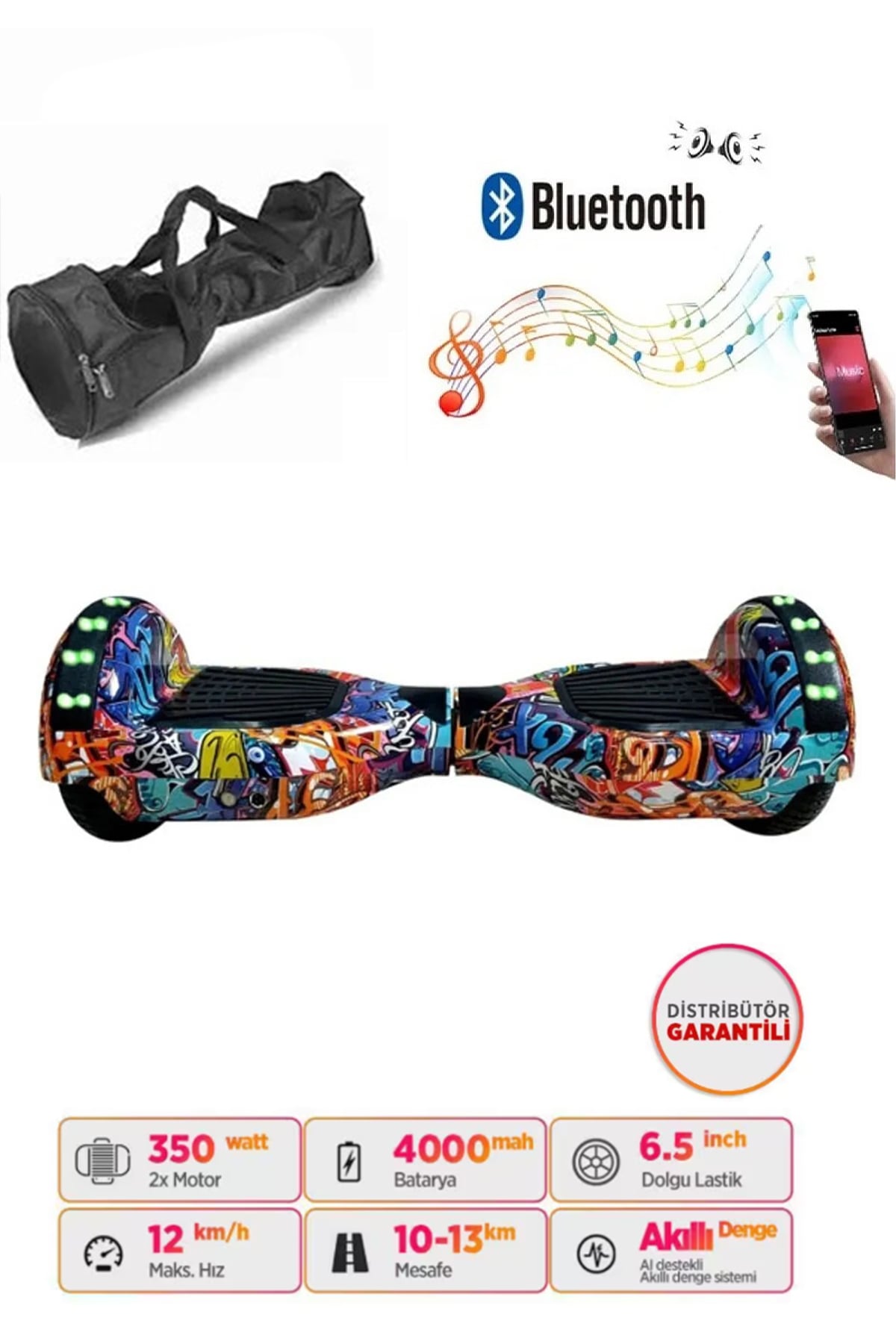 Elektrikli Kaykay Full Ledli Hoverboard Bluetooth Hoparlörlü 6.5 Inch Çanta Hediyeli D11