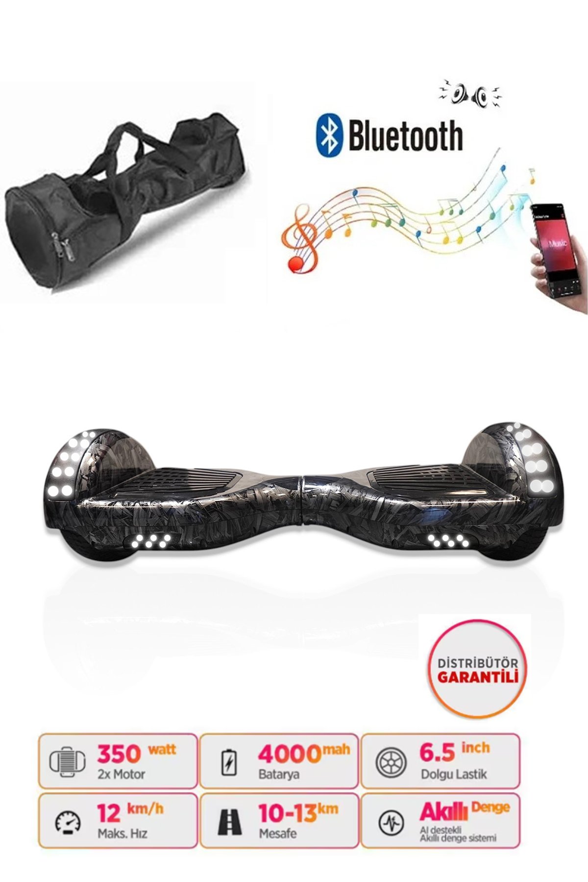 Elektrikli Kaykay Full Ledli Hoverboard Bluetooth Hoparlörlü 6.5 Inch Çanta Hediyeli D27
