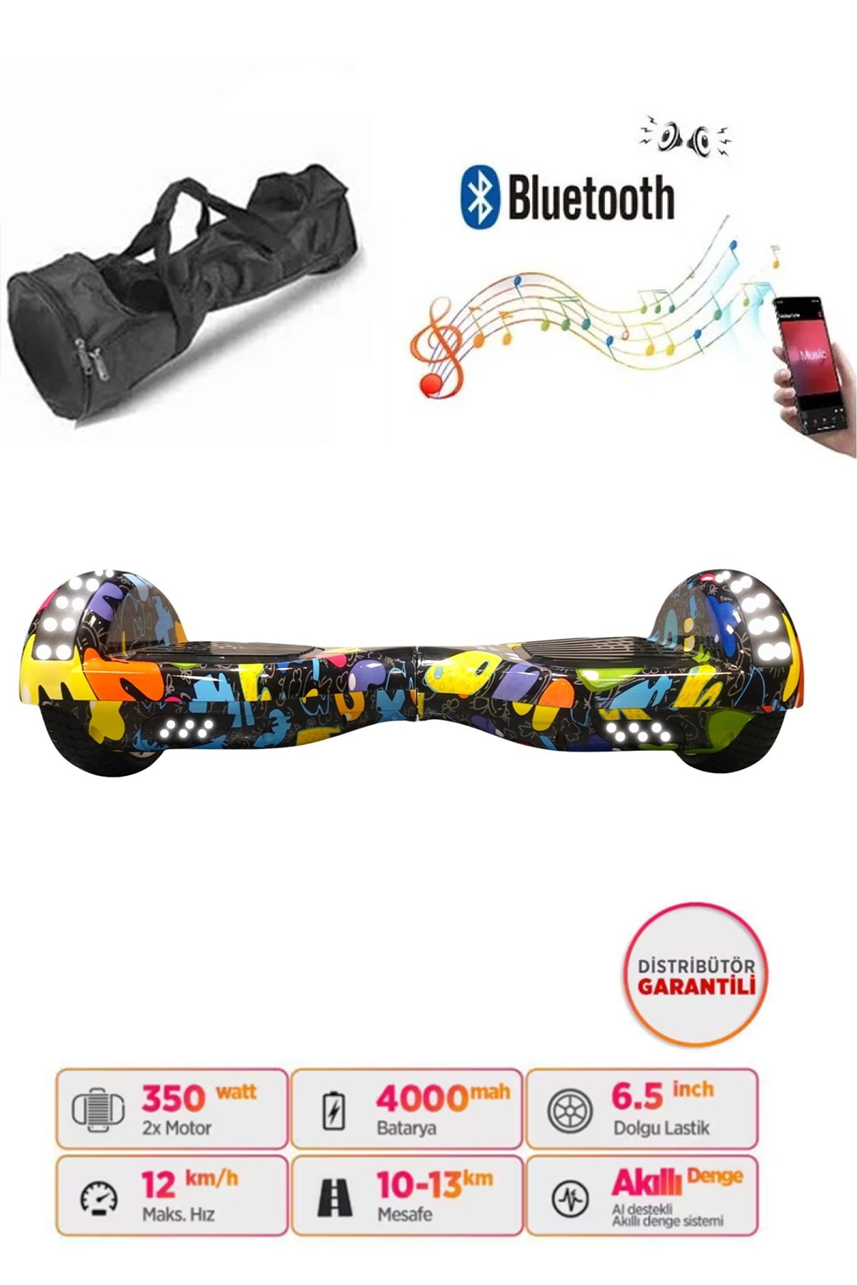 Elektrikli Kaykay Full Ledli Hoverboard Bluetooth Hoparlörlü 6.5 Inch Çanta Hediyeli D08