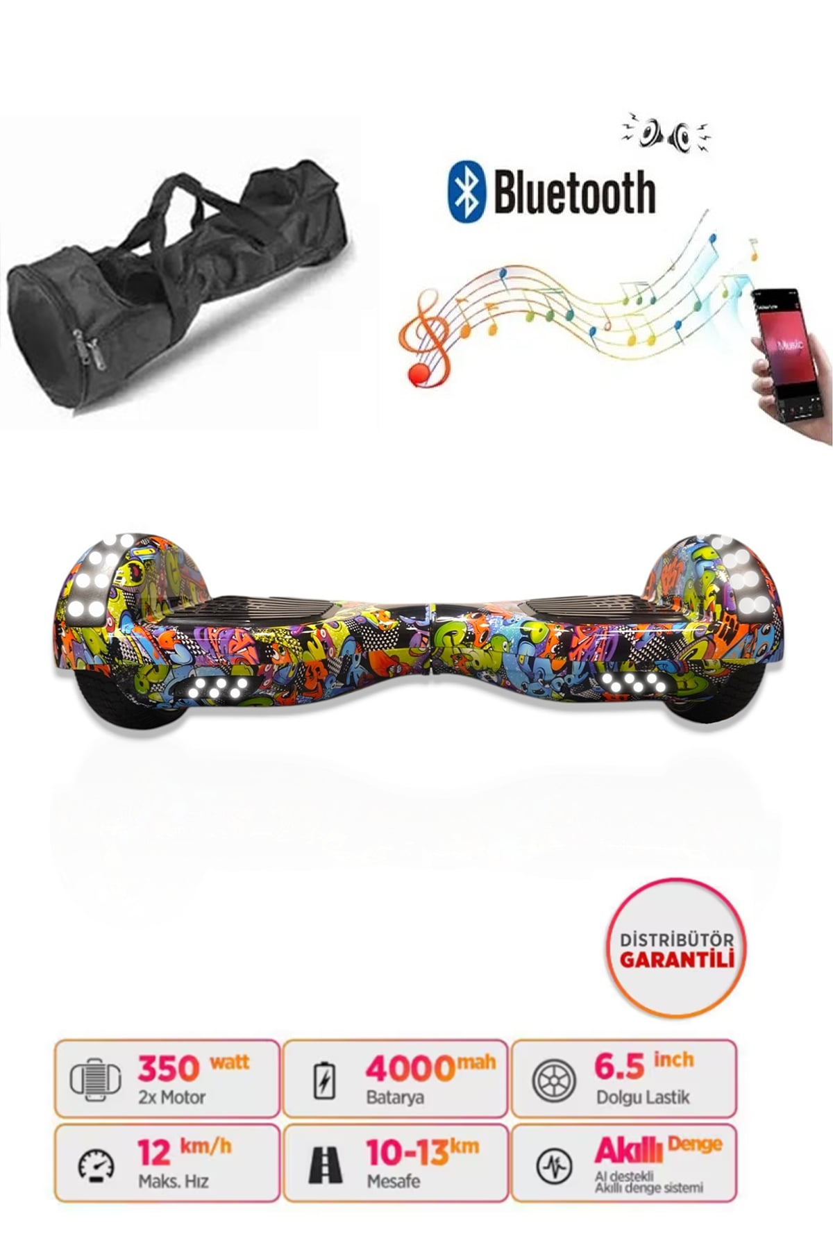 Elektrikli Kaykay Full Ledli Hoverboard Bluetooth Hoparlörlü 6.5 Inch Çanta Hediyeli D22