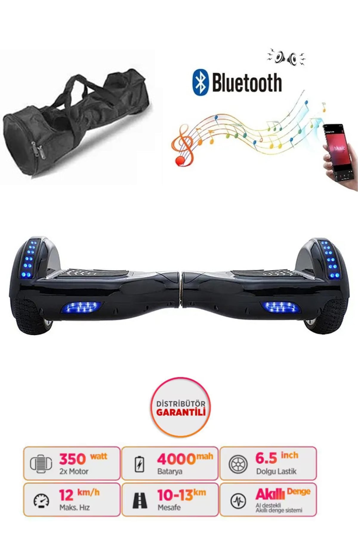 Elektrikli Kaykay Hoverboard 6.5 Inch Ledli Model - Siyah
