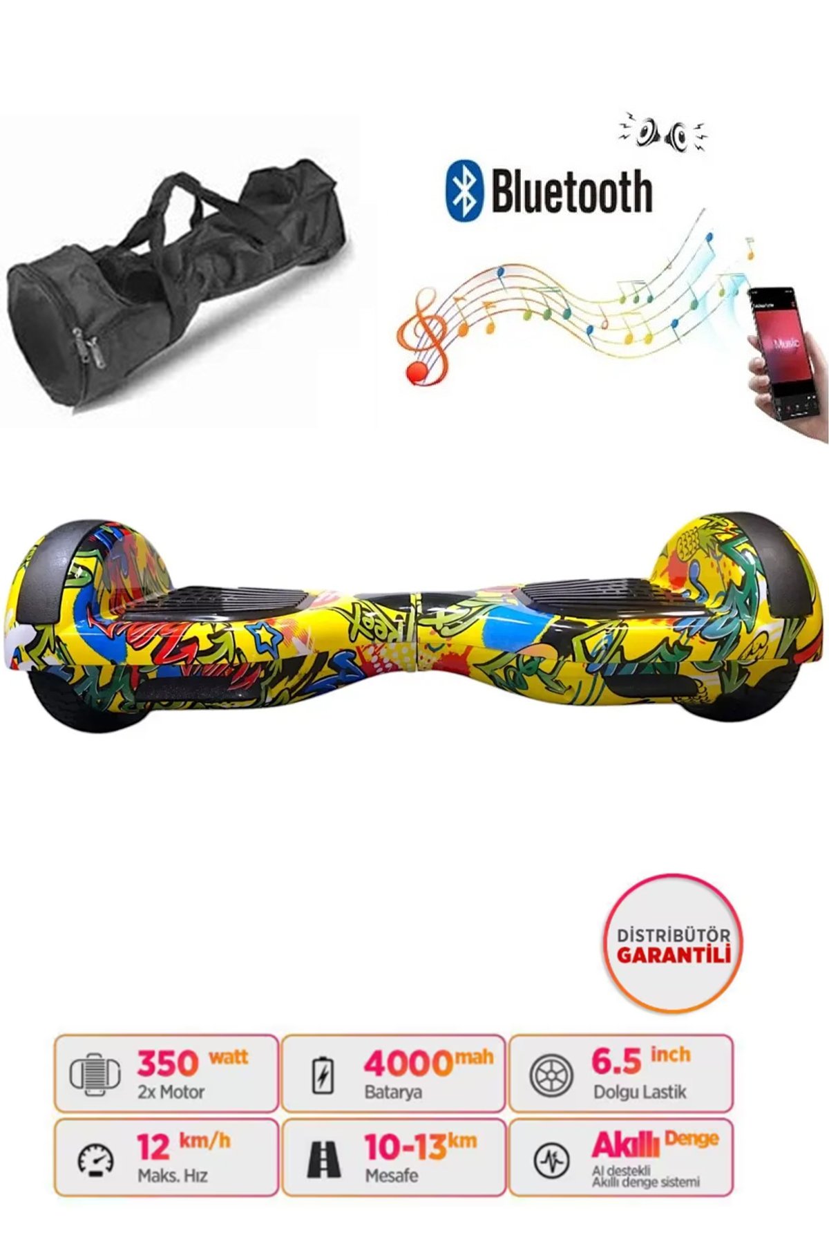 Elektrikli Kaykay Hoverboard Bluetooth Hoparlörlü 6.5 İnç Grafiti D21 - Çanta Hediye