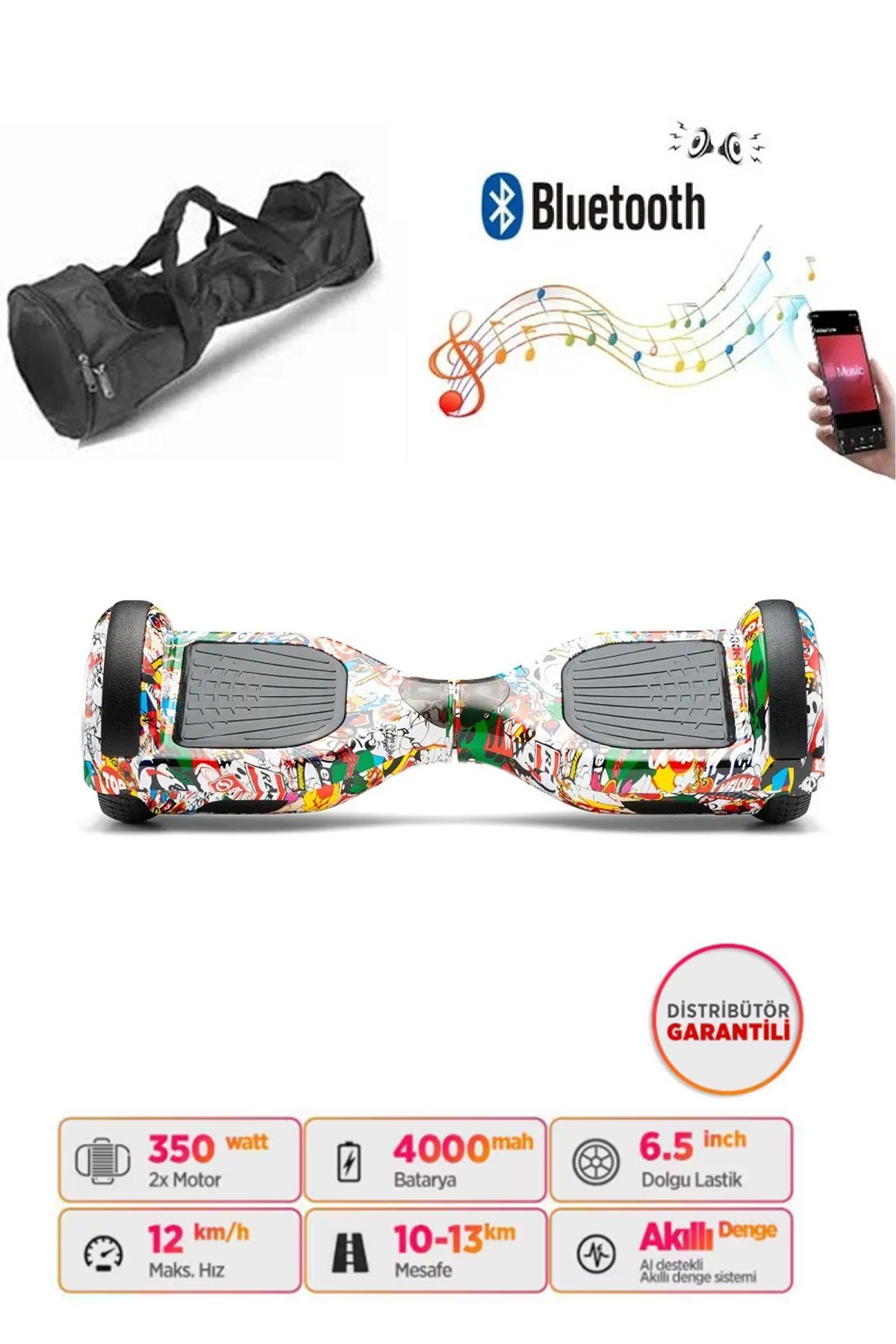 Elektrikli Kaykay Hoverboard Bluetooth Hoparlörlü 6.5 İnç Grafiti D19 - Çanta Hediye
