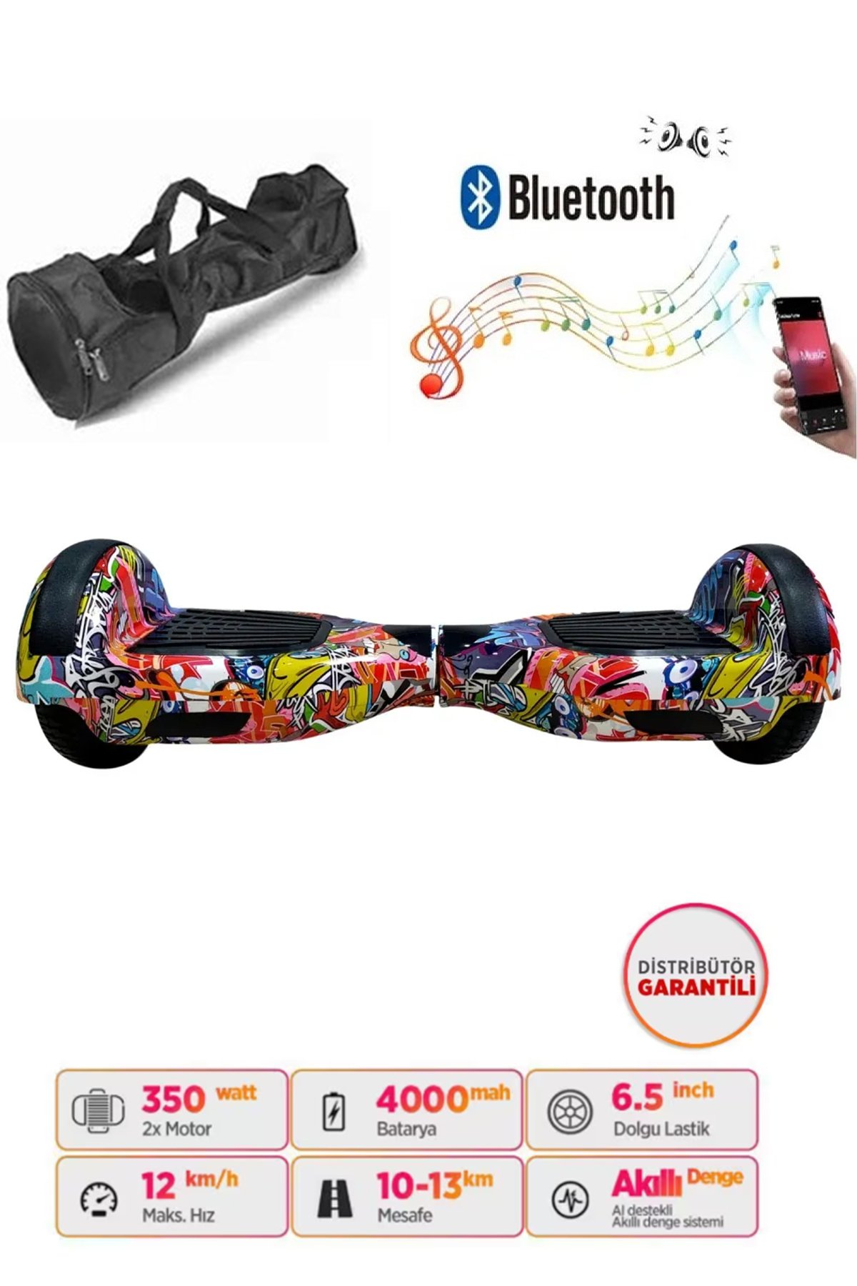 Elektrikli Kaykay Hoverboard Bluetooth Hoparlörlü 6.5 İnç Grafiti D11 - Çanta Hediye