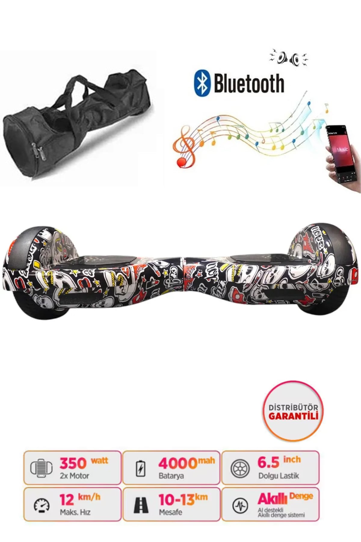 Elektrikli Kaykay Hoverboard Bluetooth Hoparlörlü 6.5 İnç Grafiti D14 - Çanta Hediye