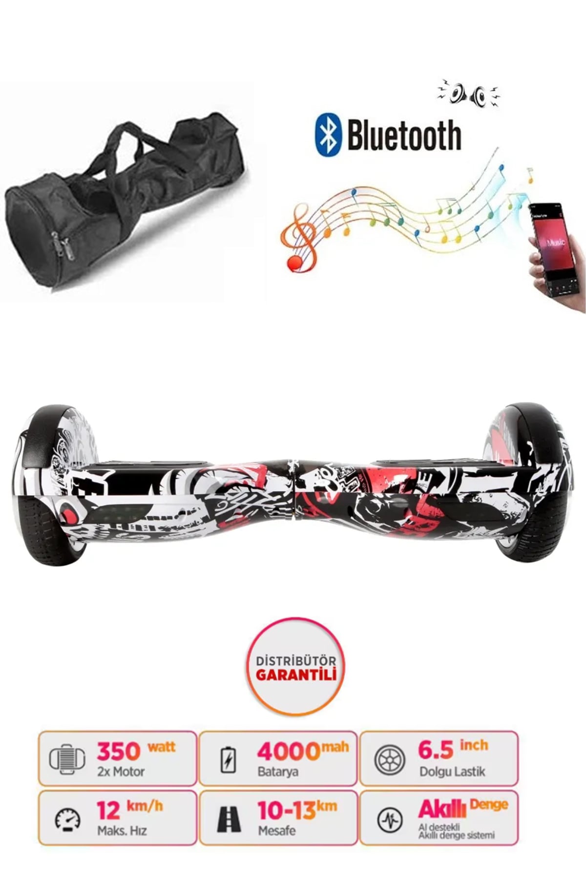 Elektrikli Kaykay Hoverboard Bluetooth Hoparlörlü 6.5 İnç Grafiti D06 - Çanta Hediye