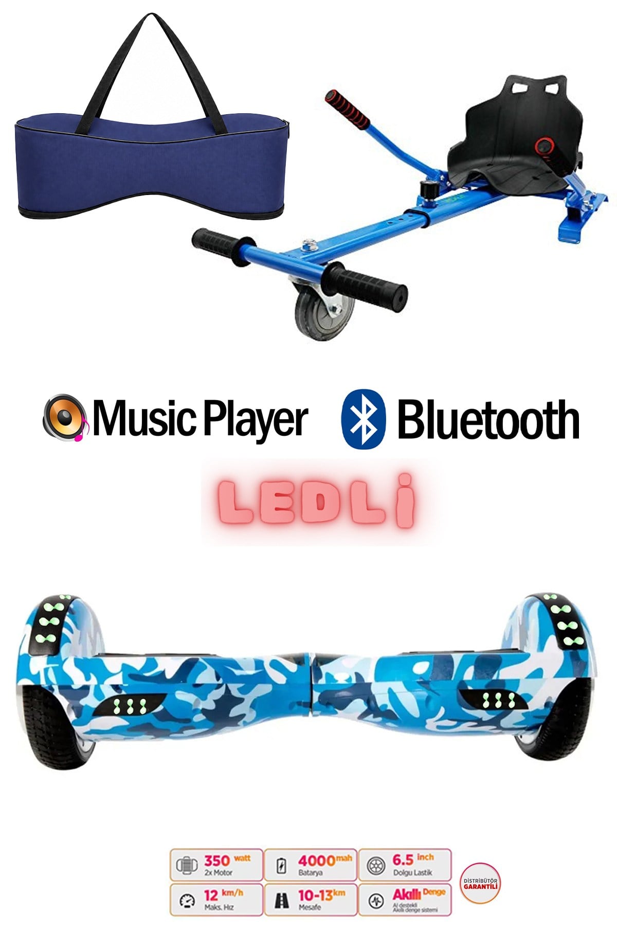 Elektrikli Kaykay Scooter Akıllı Denge Hoverboard + HoverKart + Çanta FULL LEDLİ EXTREM85 PAKET D03