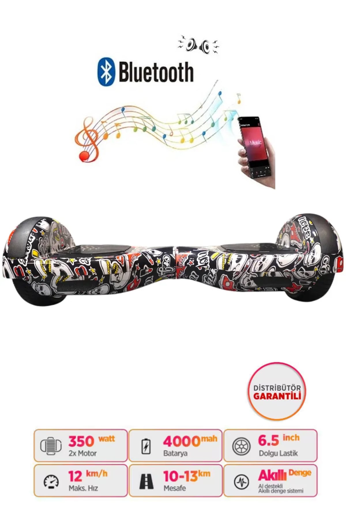 Elektrikli Kaykay Scooter Hoverboard 6.5 Inch Siyah Beyaz Desenli Akıllı Dengeli D14