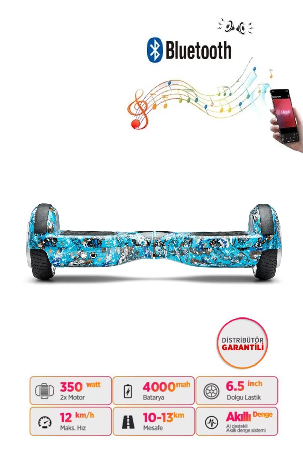 Elektrikli Kaykay Scooter Hoverboard 6.5 Inch Mavi Kurukafa Grafity Desenli Akıllı -denge - D20