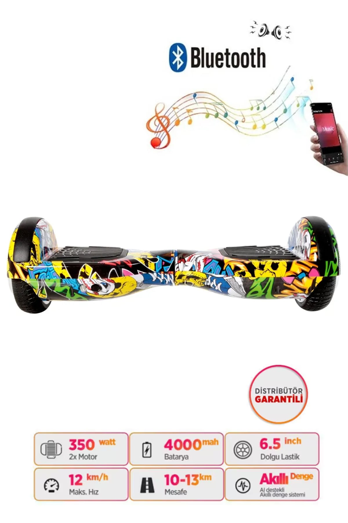 Elektrikli Kaykay Scooter Hoverboard Bluetooth Hoparlörlü 6.5 Inch Grafiti D01