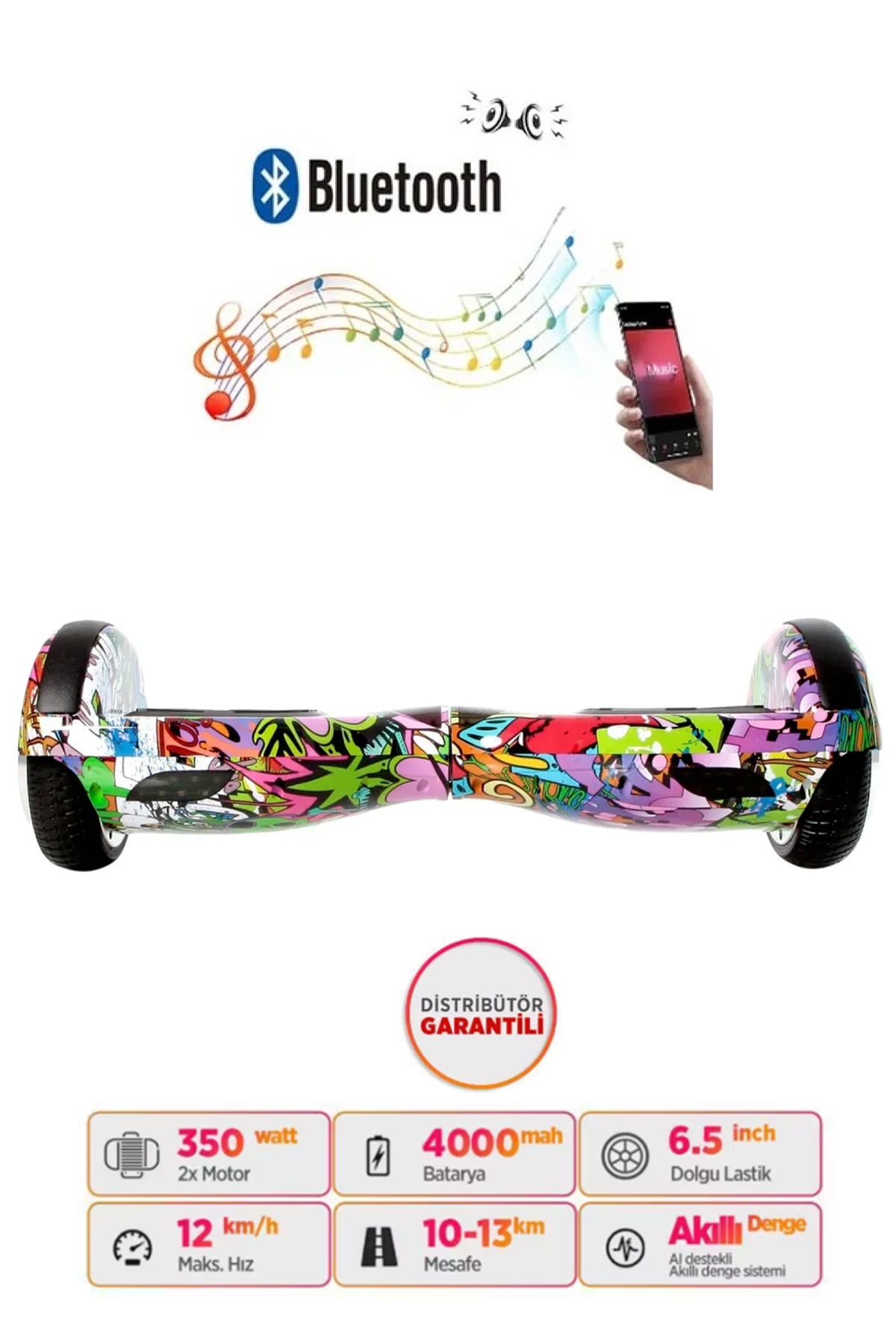 Elektrikli Kaykay Scooter Hoverboard Bluetooth Hoparlörlü 6.5 Inch Grafiti D04