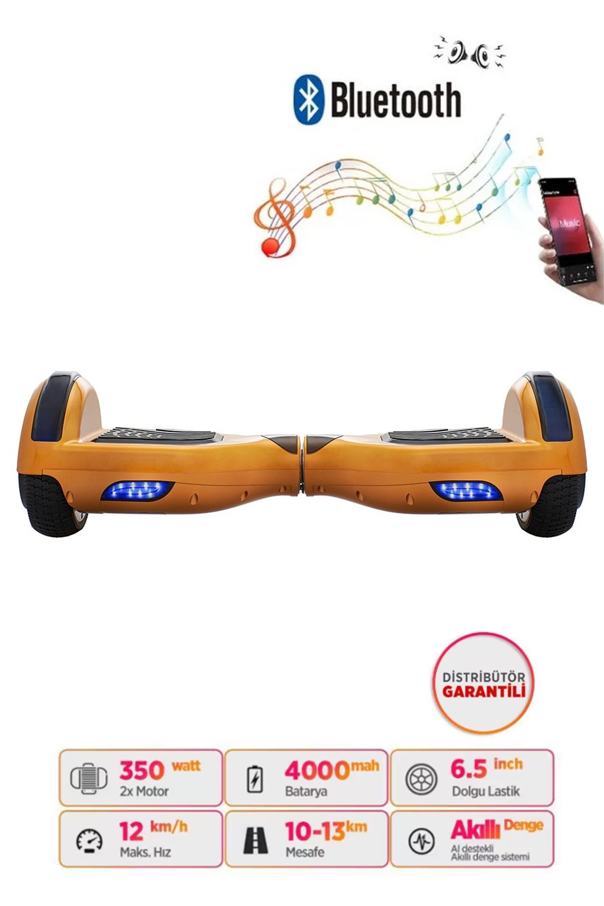 Smart Store Hoverboard Elektrikli Kaykay Bluetooth Hoparlörlü 6.5 Inch Gold