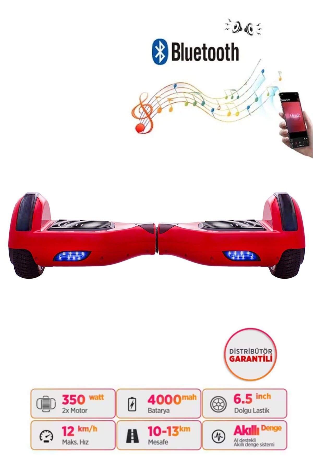 Smart Store Hoverboard Elektrikli Kaykay Bluetooth Hoparlörlü 6.5 Inch Kırmızı