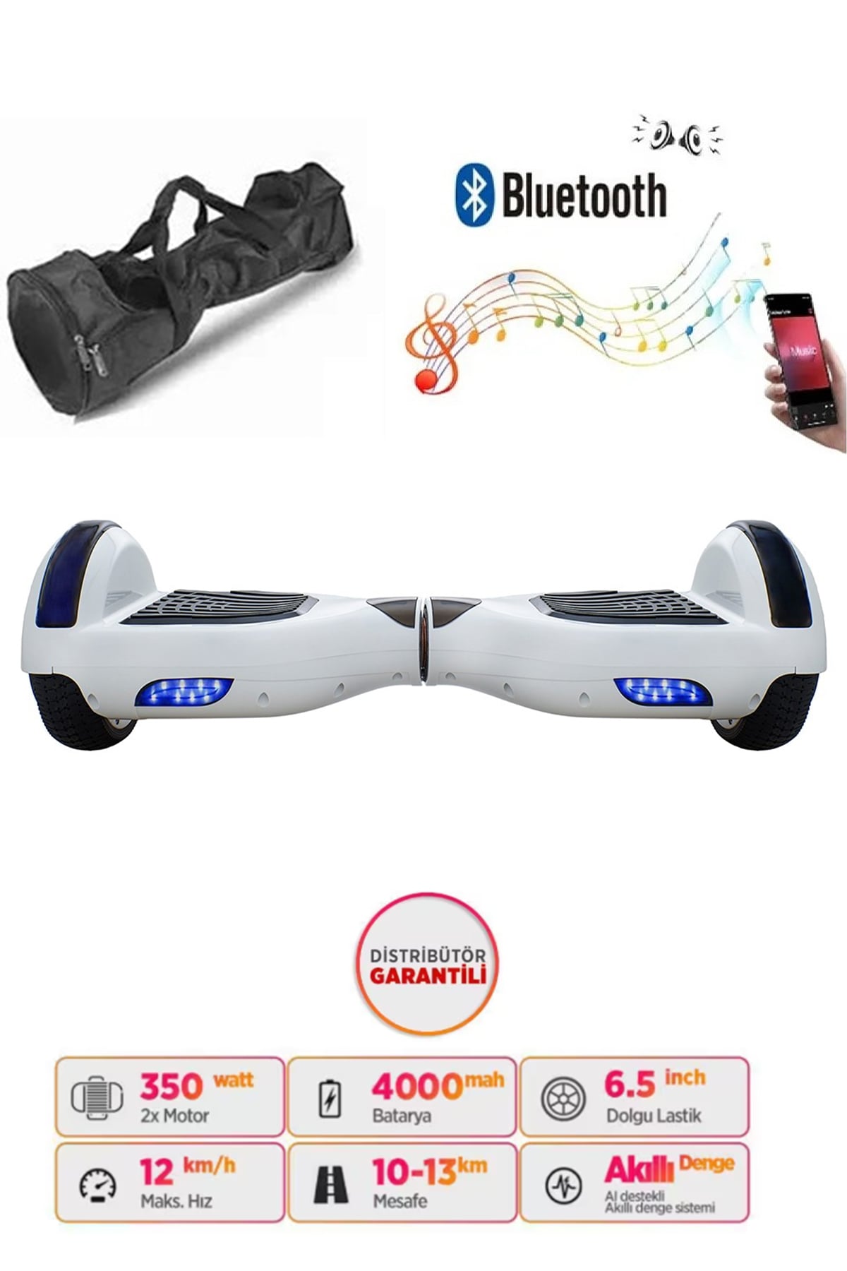 Smart Store Hoverboard Elektrikli Kaykay Bluetooth Hoparlörlü 6.5 Inch Çanta Hediyeli Beyaz