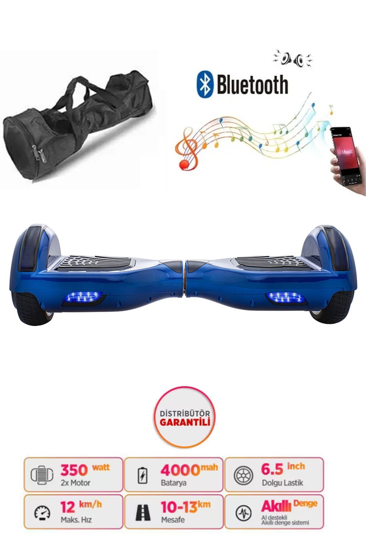 Smart Store Hoverboard Elektrikli Kaykay Bluetooth Hoparlörlü 6.5 Inch Çanta Hediyeli Mavi