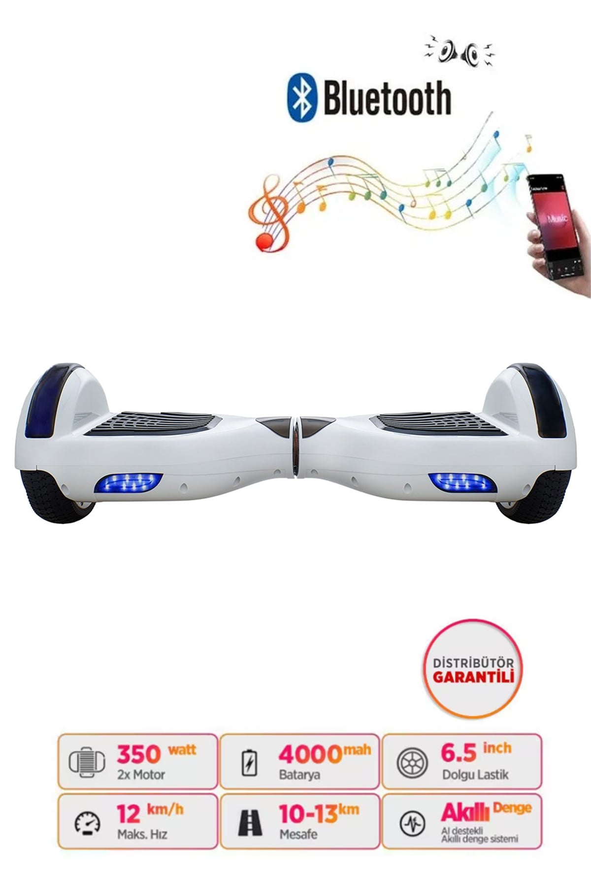 Smart Store Hoverboard Elektrikli Kaykay Bluetooth Hoparlörlü 6.5 Inch Beyaz