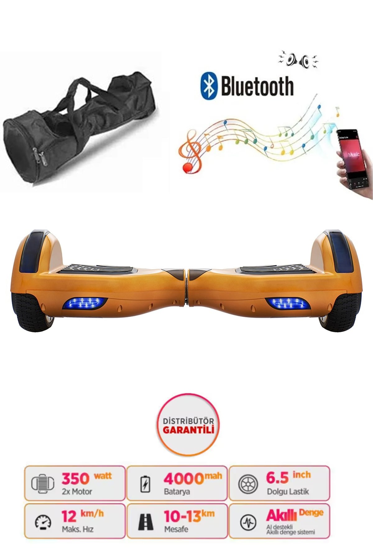 Smart Store Hoverboard Elektrikli Kaykay Bluetooth Hoparlörlü 6.5 Inch Çanta Hediyeli Gold
