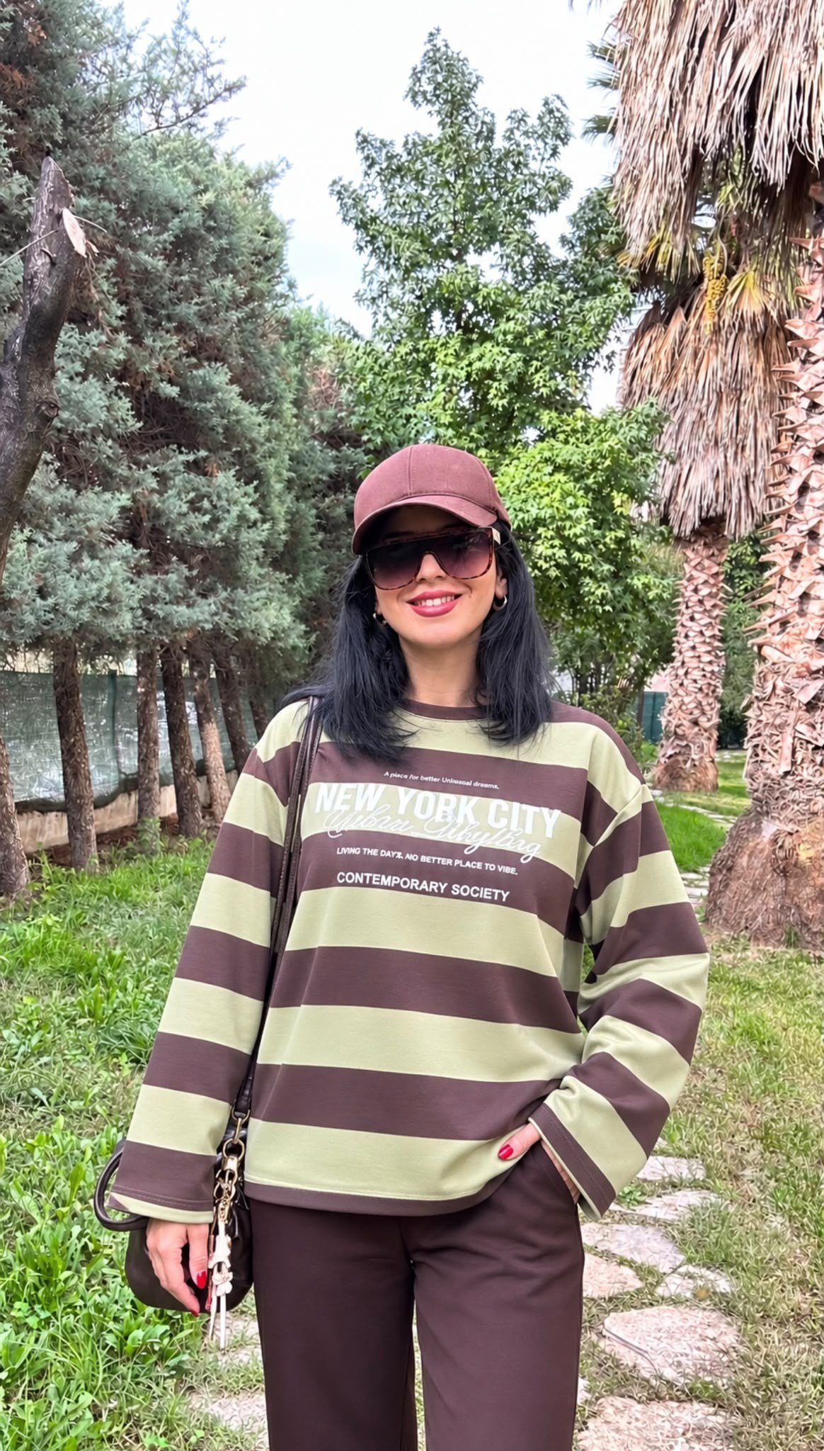 BLUZHaki Kahve Çizgili Baskılı Uzun Kollu Çok Şık ve Rahat Bluz