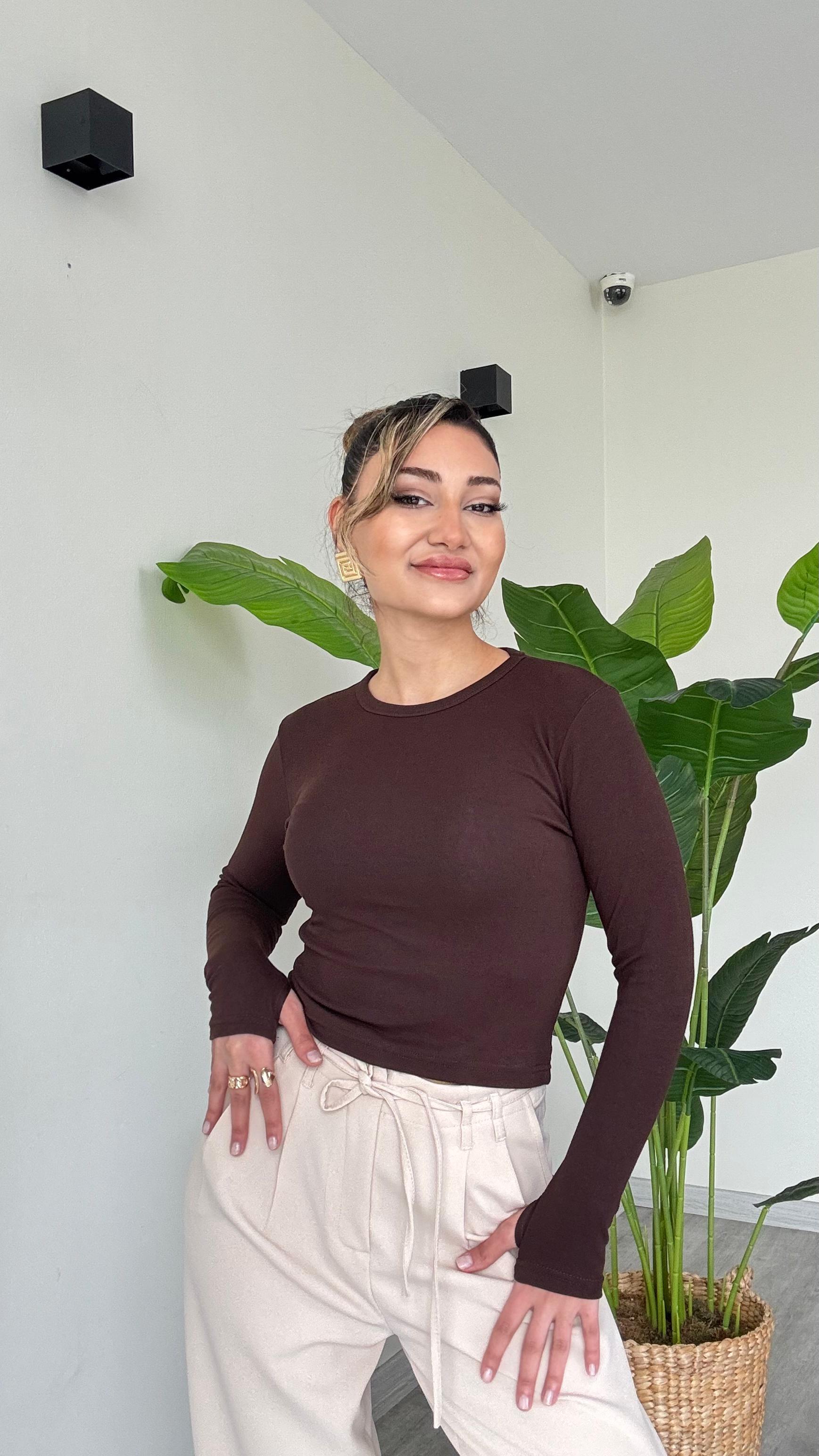 Kadın Kahverengi Parmak Detay Basic Likralı Bisiklet Yaka Premium Body