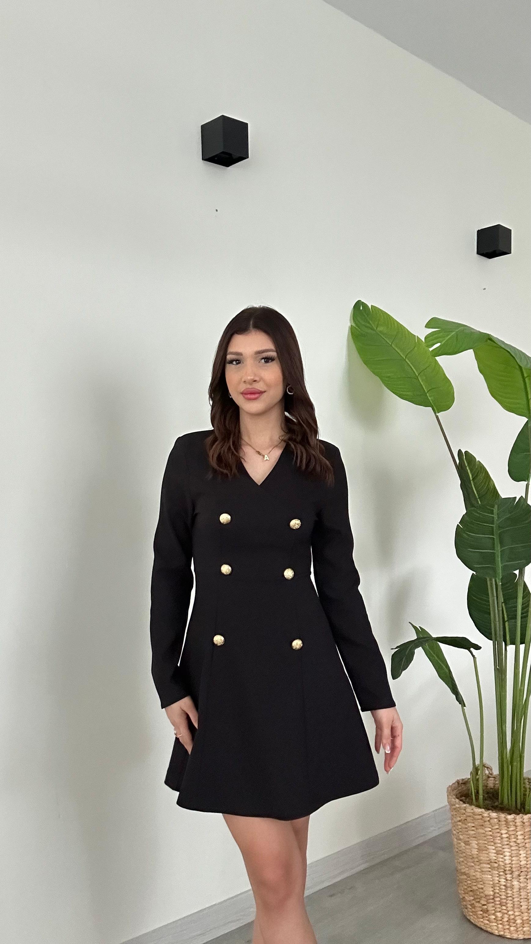 Kadın Siyah V Yaka Uzun Kollu Düğme Detaylı Diz Üstü Premium Elbise